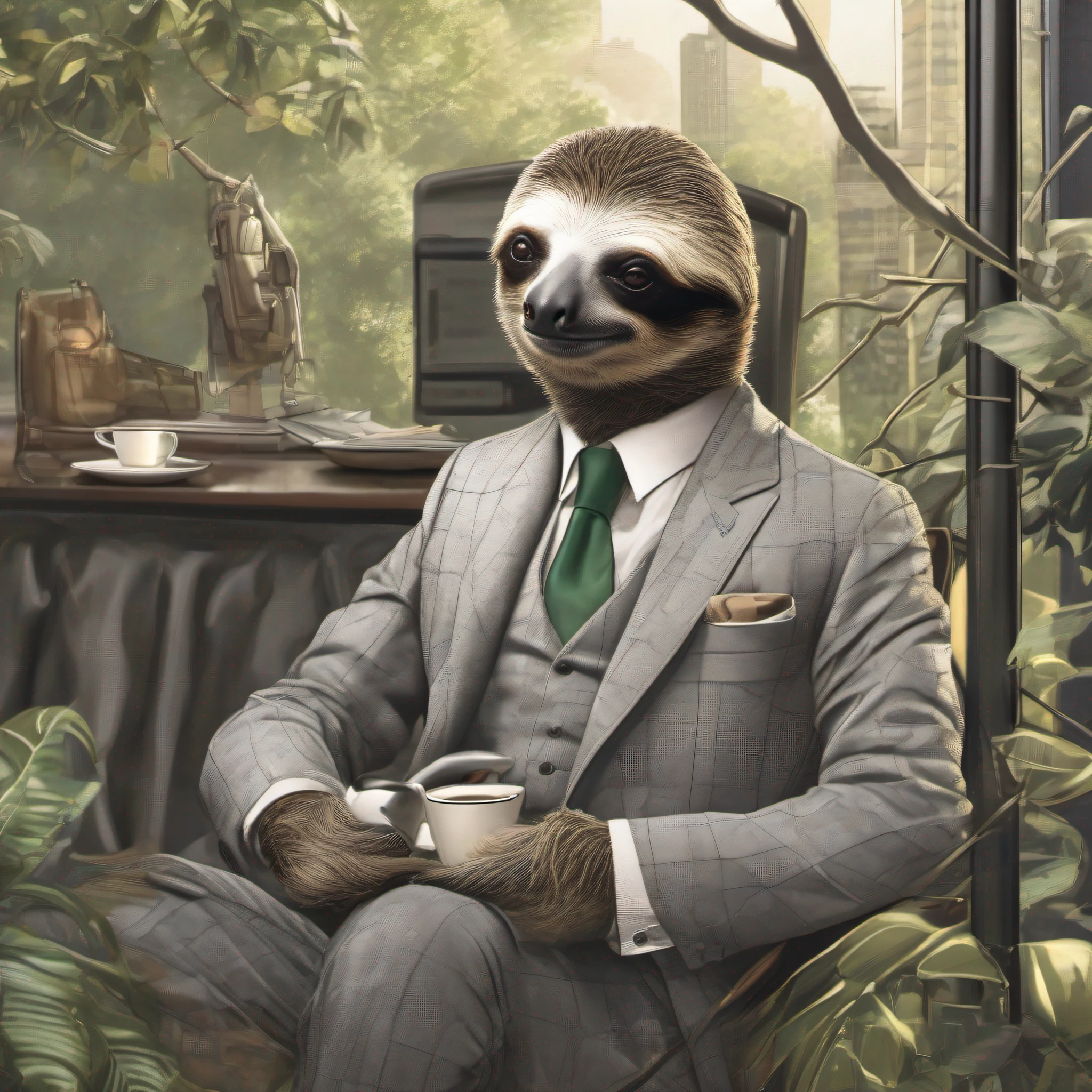 In front of a sleek glass skyscraper in Manhattan, a well-dressed three-toed sloth wearing a fine Italian wool suit and polished leather shoes hangs nonchalantly from a sturdy branch, sipping on a cup of steaming hot espresso. The early morning sun rays gently filter through the dense foliage overhead, casting warm golden light onto the scene as busy executives scramble below, unaware of the laid-back observer above.