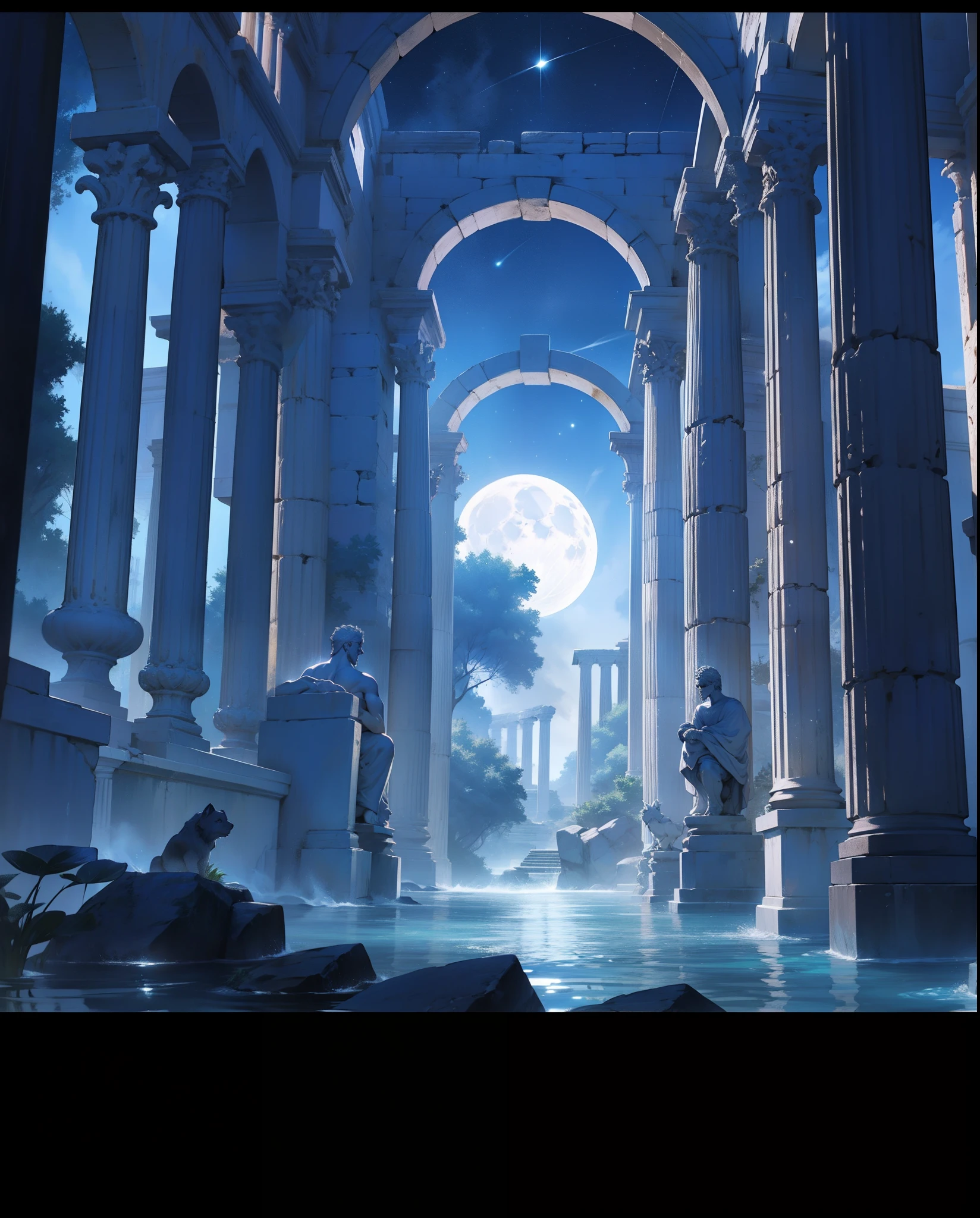 Greek mythological scenes,Roman columns,Broken ground,submerged in the water,the night,themoon,There is starlight,