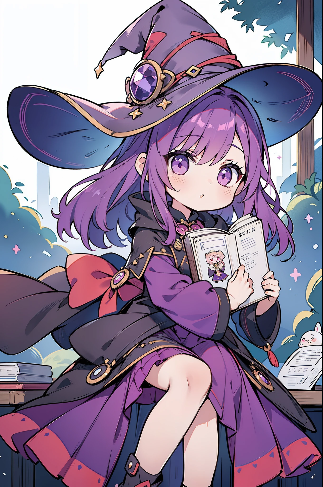 1 girl in、From head to thigh、​masterpiece、Top image quality、top-quality、Purple hair、witch outfit、witch's hat、Pink eyes、cute little、Human ear、２Book Legs