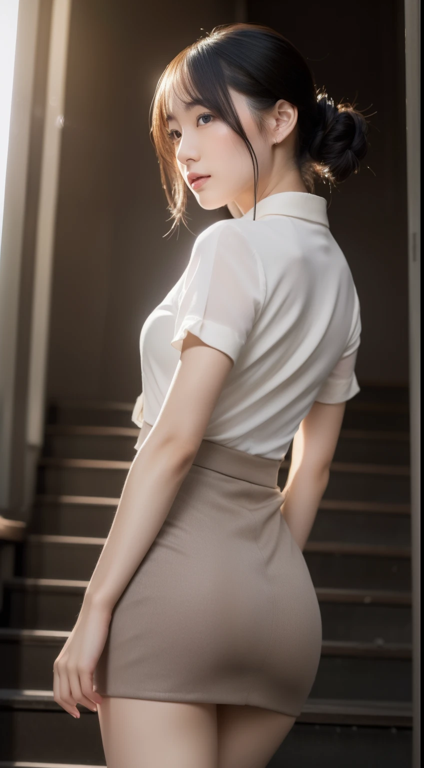 Beautiful Japan adult woman、((Realistic lighting、top-quality、8K、 masterpiece:1.3))、Clear focus:1.2、a secretary、Rear view、Climbing the stairs of an apartment building、Perfect Body Beauty:1.4、Mini Tight Skirt、Suit skirt、Delicate skin type、Sexy thighs、From the knee up、Big buttocks are emphasized