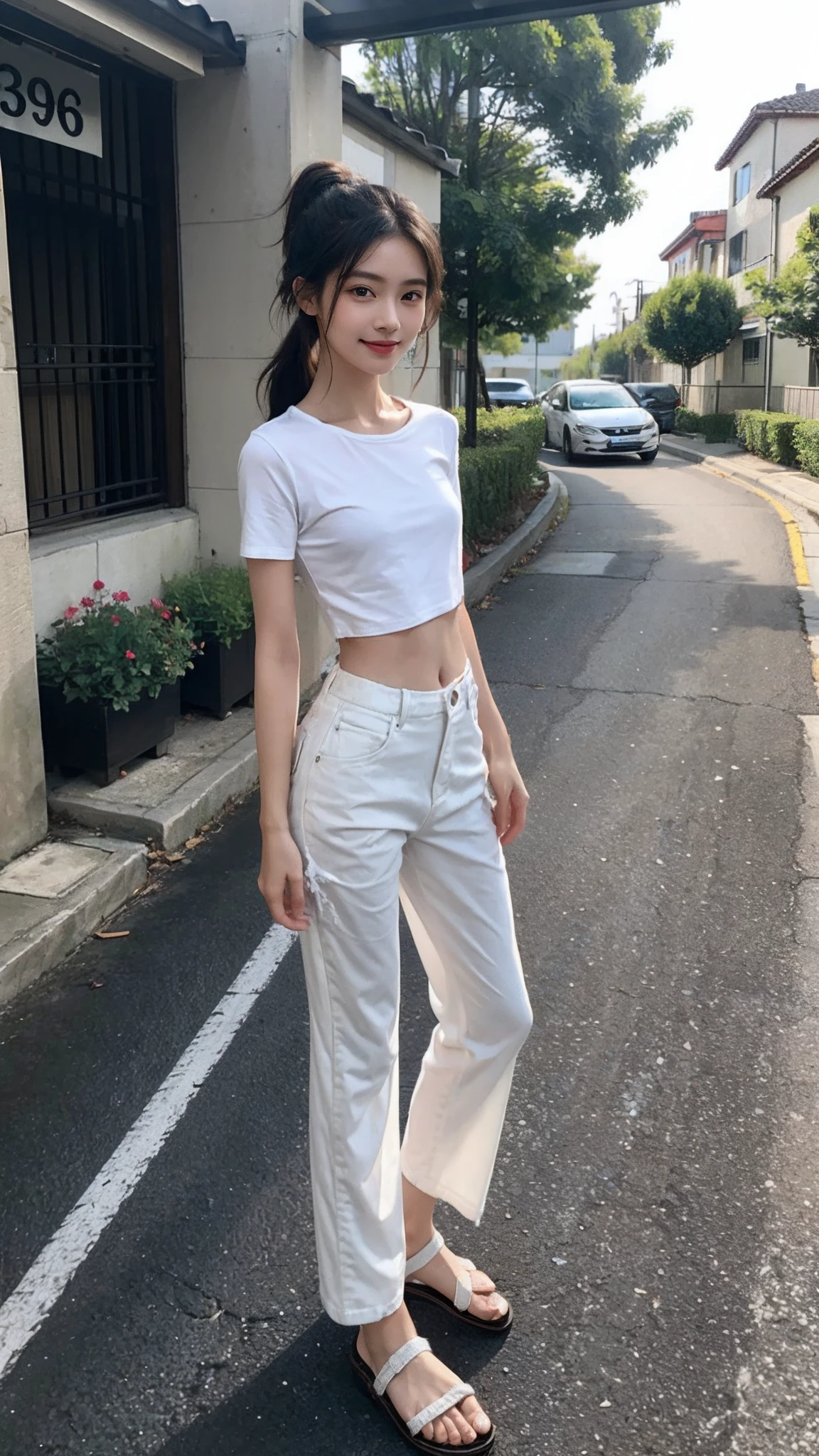 ((small underboob,Tomboyish,small heads)), (Well-defined abs: 1.1), (perfect bodies: 1.1), (short-length straighthair: 1.2), Black hair, upper body photos, attractive collarbone，（极其细致的CG 8k壁纸），（Extremely refined and beautiful），（Masterpiece），（best qualtiy：1.0），（超高分辨率：1.0），beautiful light up，Perfect lightning，realistic shaded，[A high resolution]，Smooth and flawless fair skin，ultra - detailed ，Elongated legs，(small breasts:1.1)，flat chest，very Short ponytail，Slim，emaciated，Smile，cheerfulness，（off white short-sleeved T-shirt:1.1），（off White transparent cropped gauze pants：1.1），White sandals，Summer，eventide，A crowded crowd，at the doorstep of a school，standing，outside，Tree-lined roadsides，A cup of coffee in hand，Close-up，Drinking coffee through a straw