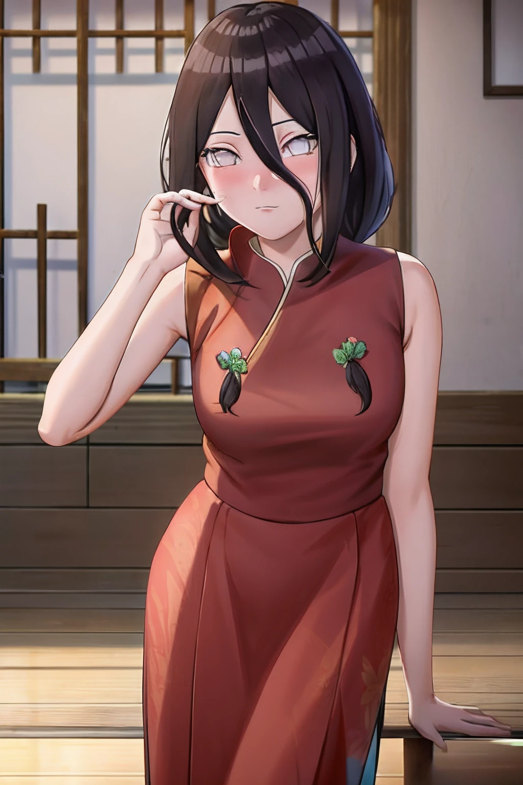 make， hoang lap ， （Complicated details）， （rich colourful），the Extremely Detailed CG Unity 8K Wallpapers ， Hinata flower ratio， 1girll， 独奏， on cheongsam， looking at viewert， Keep one's mouth shut， ventania， Combat posture， Low hair tied long，inside in room，nose blush，Be red in the face，sitted