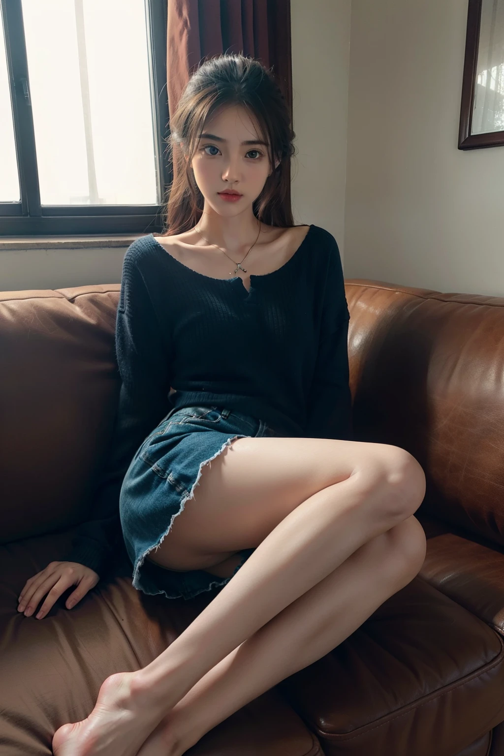 1girll,Sit on a comfortable sofa,Cross ed leg,Soft light。