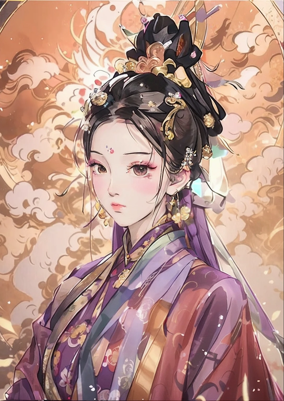 Close-up of a woman in a purple dress，With kanji, Palace ， A girl in Hanfu, inspired by Ma Yuanyu, inspired by Li Mei-shu, inspired by Zhou Fang, Inspired by Zhao Yuan, Princesa chinesa antiga, inspired by Du Qiong, inspired by Yao Tingmei, inspired by Lü Ji, Inspired by Qiu Ying