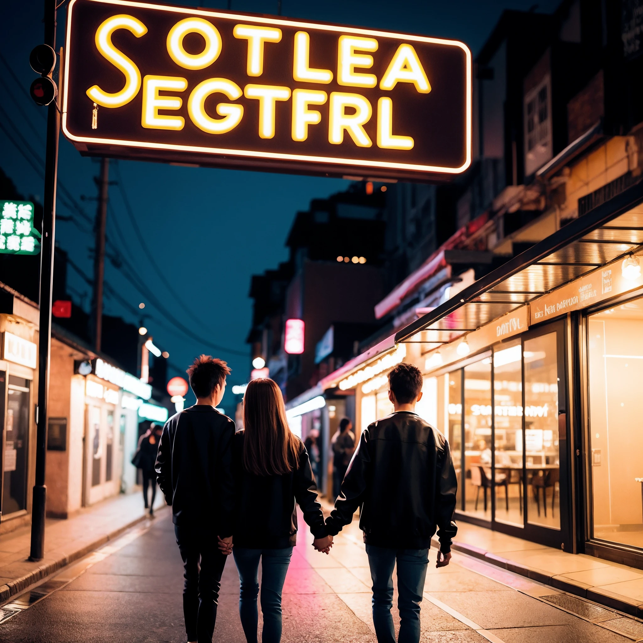 Under the neon lights at night,A couple holding hands。