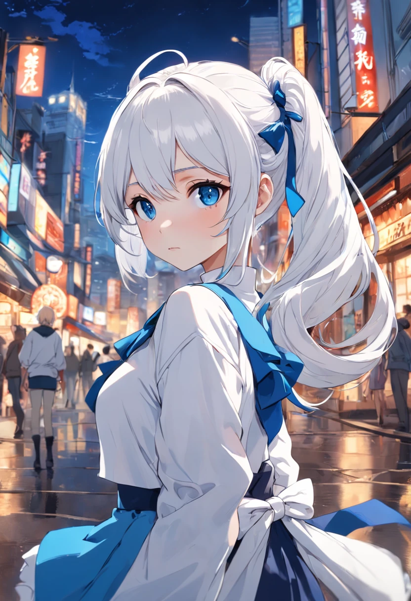 white color hair,double ponytail curls,blue color eyes,White ta,Beth,busy cityscape