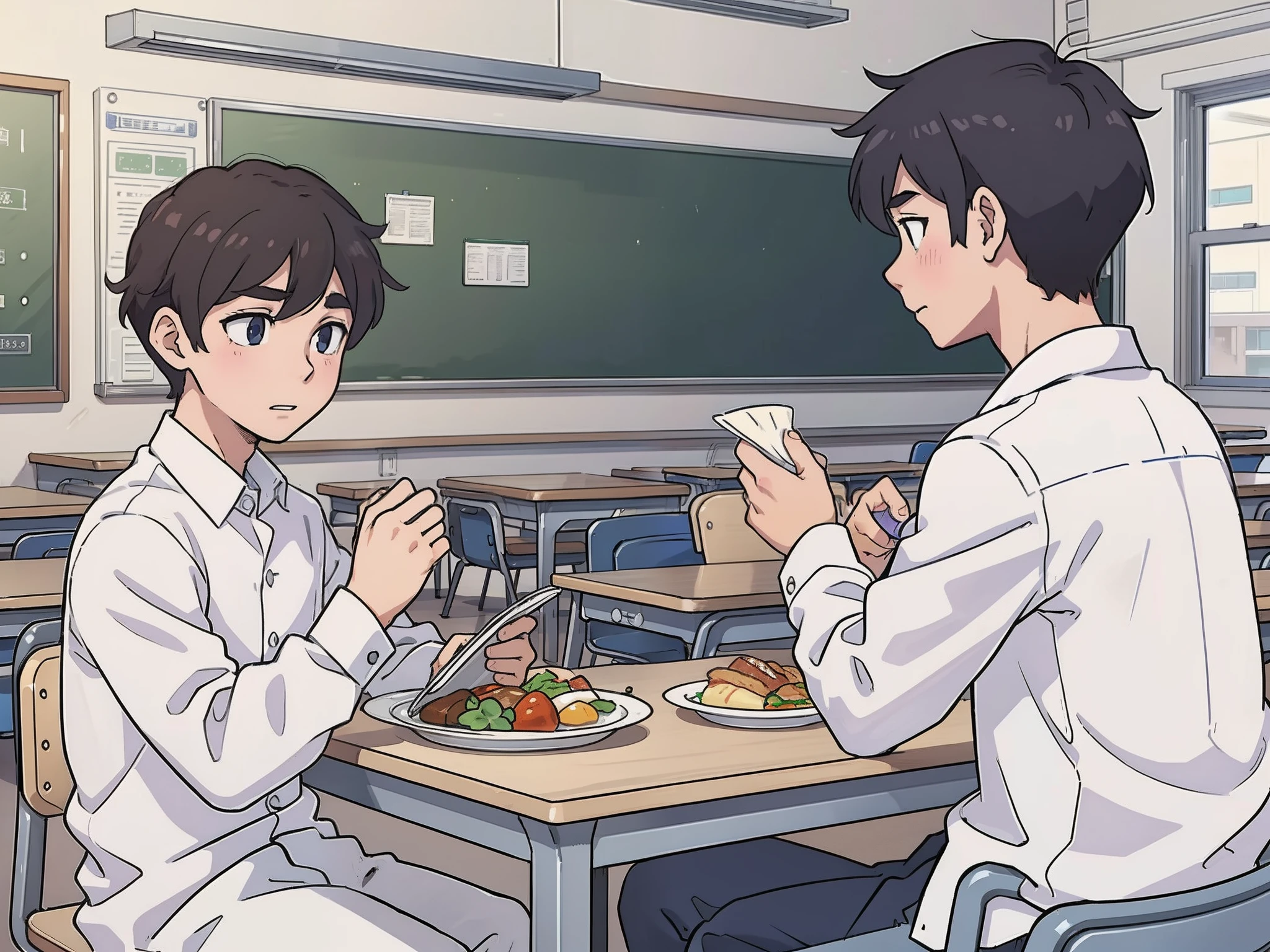 Two boys take plates in the school cafeteria, school, 21st century, Dining Room, white shirt, wearing white shirt, Shirt, high school uniform, shape, Anime School