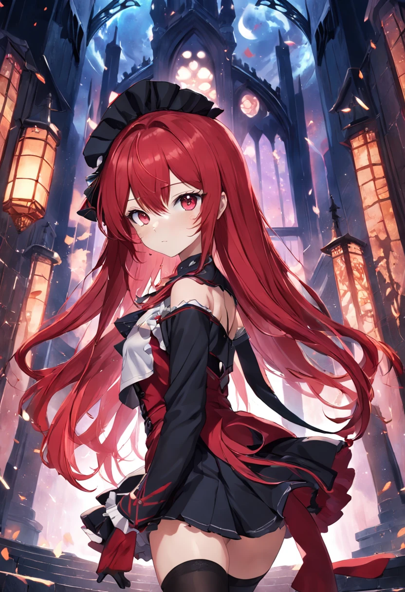 Red long-haired，magia，，black lence stockings, Ultra photo realsisim, castle，hair adornments