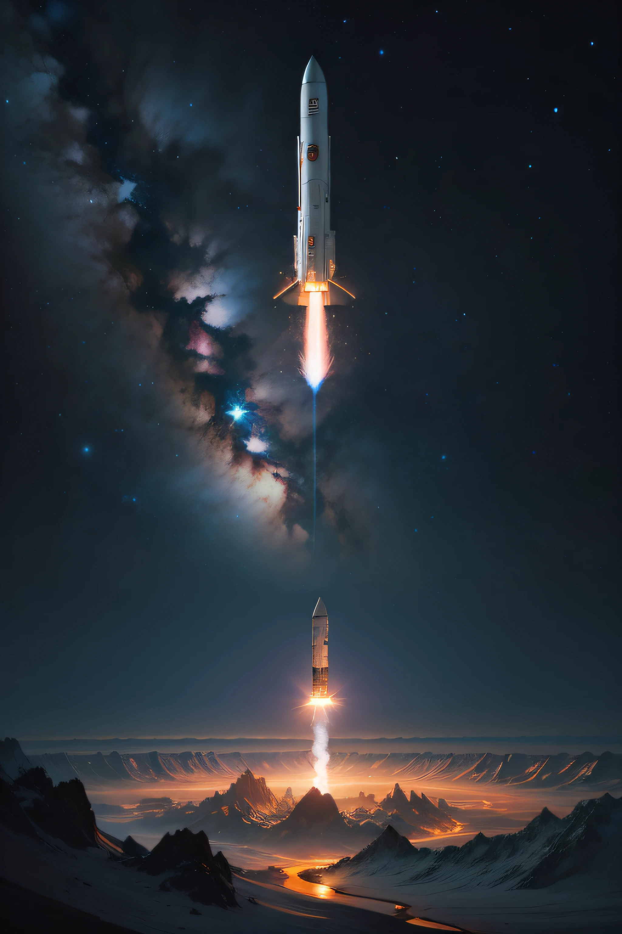 Rockets in space, underground on Earth, above the Milky Way
