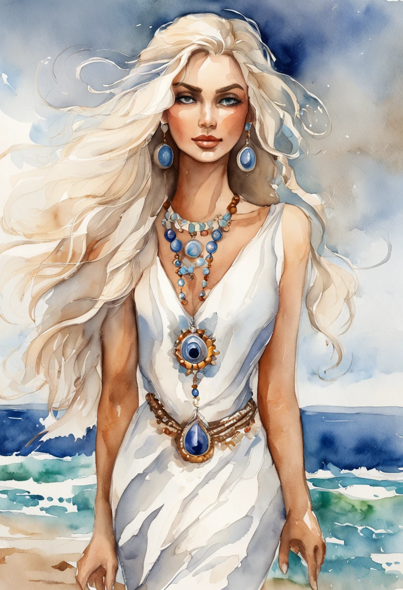 a very beautiful girl wearing a short dress with white flowing hair wearing evil eye jewelry at the beach