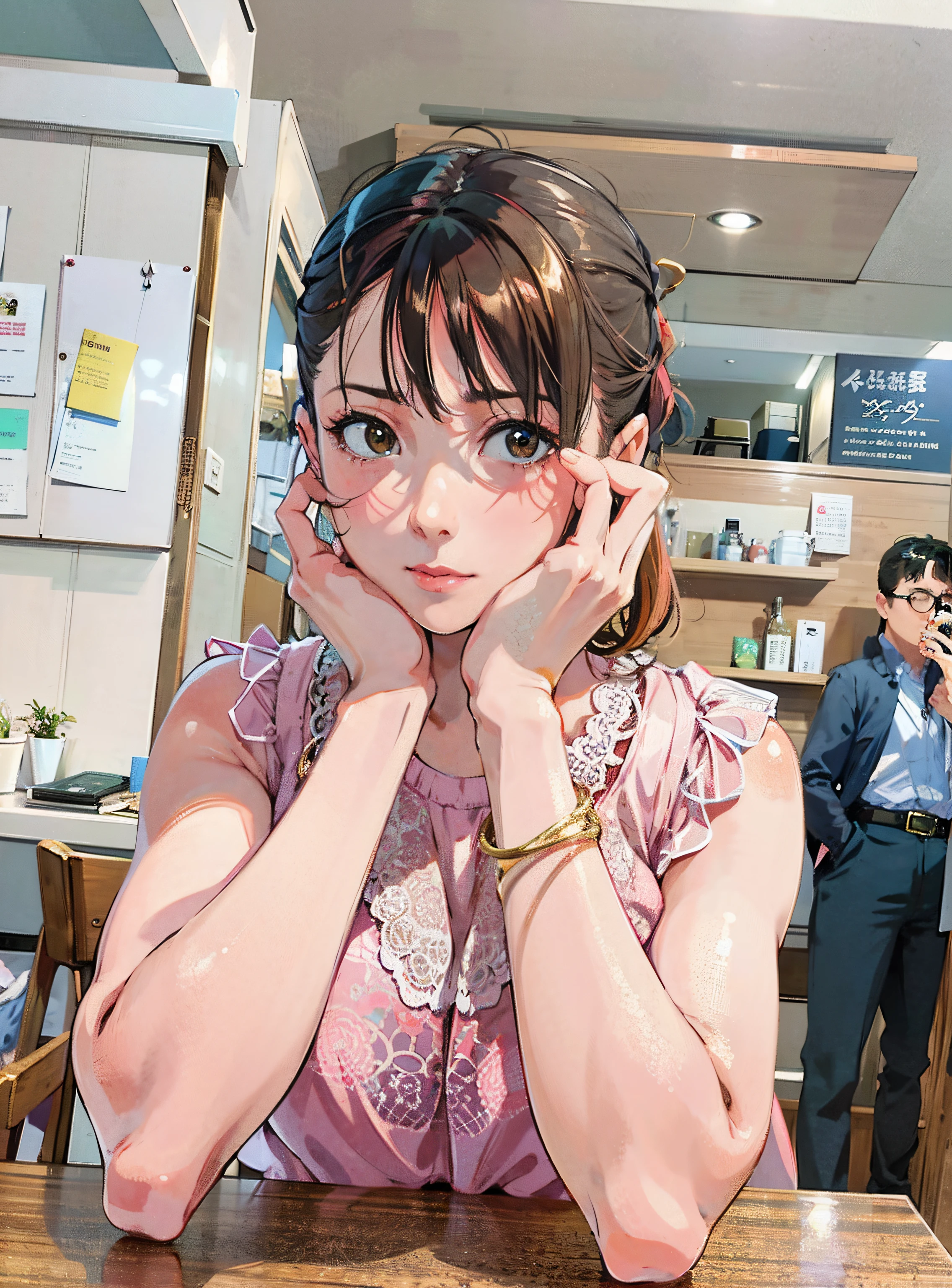 There is a woman sitting with her hands on the table, taken with sony alpha 9, 奈良美智, taken with canon eos 5 d mark iv, captured on canon eos r 6, sakimichan, Kimi Takemura, taken with a canon eos 5 d, cute - fine - face