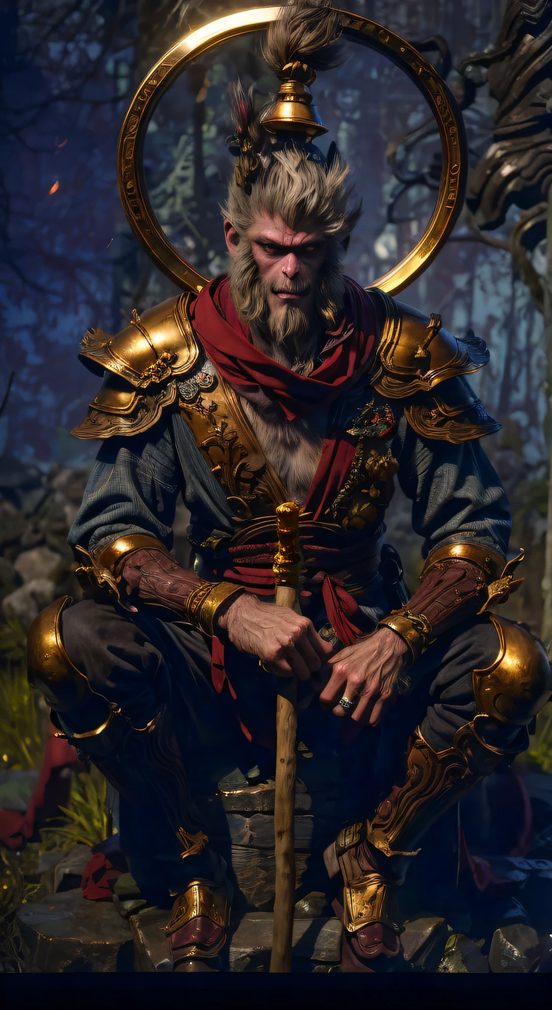 (irascible, irate,Qi Tian Great Sage,Monkey king,A high resolution, super-fine), (Sharp-billed monkey gills), Tour of the Dark West,pan(((Red glowing eyes)))looks into camera, evil look, Clear facial features, (Golden Hoop Curse),On his shoulder hangs a long golden stick。, to grin, Monkey teeth exposed, Dressed in gorgeous armor, The red scarf sways in the wind,Monkey King's face, Shoulder armor youkai skeleton decoration, 火焰, Sit on Yokai Head Mountain, Kingly temperament, Full body photo, cinematic rim light, The light is delicate, tmasterpiece, ultra - detailed, Epic composition, Super HD, high qulity, HighestQuali, 32K, grin, poison fangs