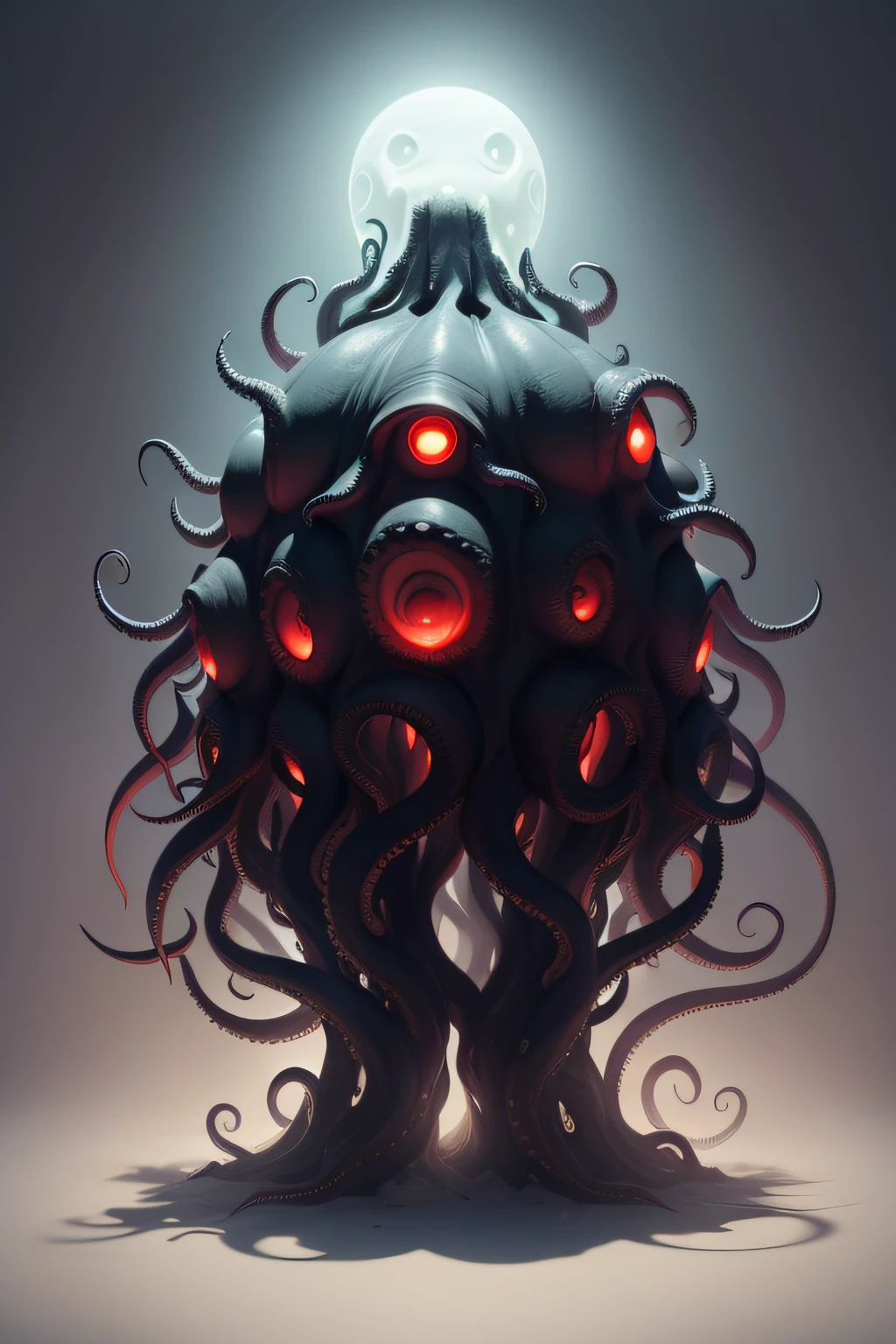 Monsters of Cthulhu，Strange creatures that live on fear，uncanny，eerie，In addition to the head, there are many tentacles，Looks like an octopus。There are no human characteristics。Full body photo。Solid white background，The main color of the creature is black，red colour。Highlight the distortion of the creature