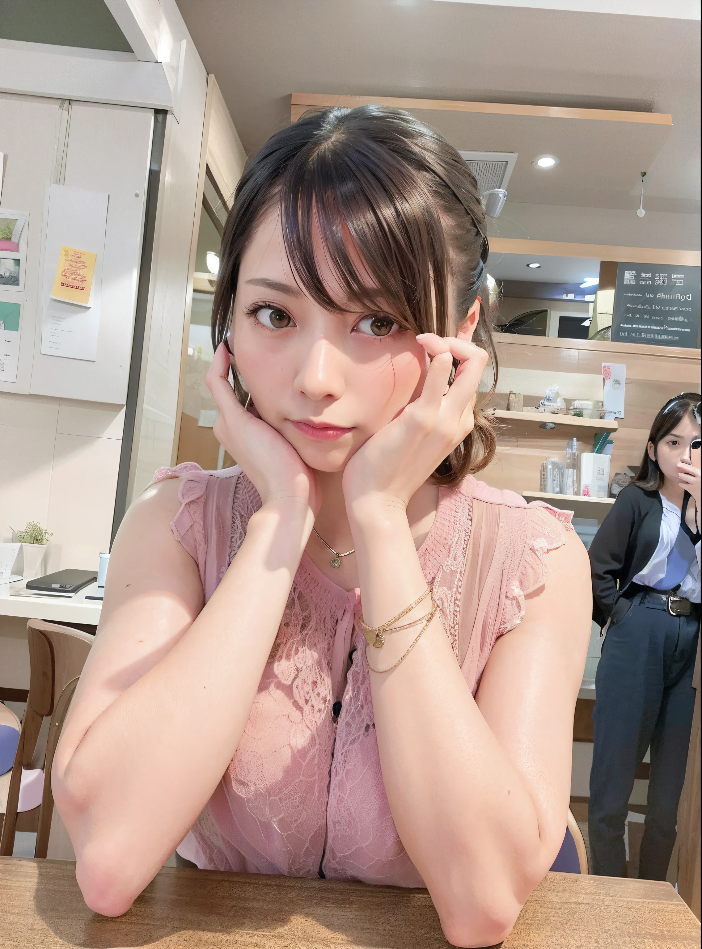 There is a woman sitting with her hands on the table, taken with sony alpha 9, 奈良美智, taken with canon eos 5 d mark iv, captured on canon eos r 6, sakimichan, Kimi Takemura, taken with a canon eos 5 d, cute - fine - face
