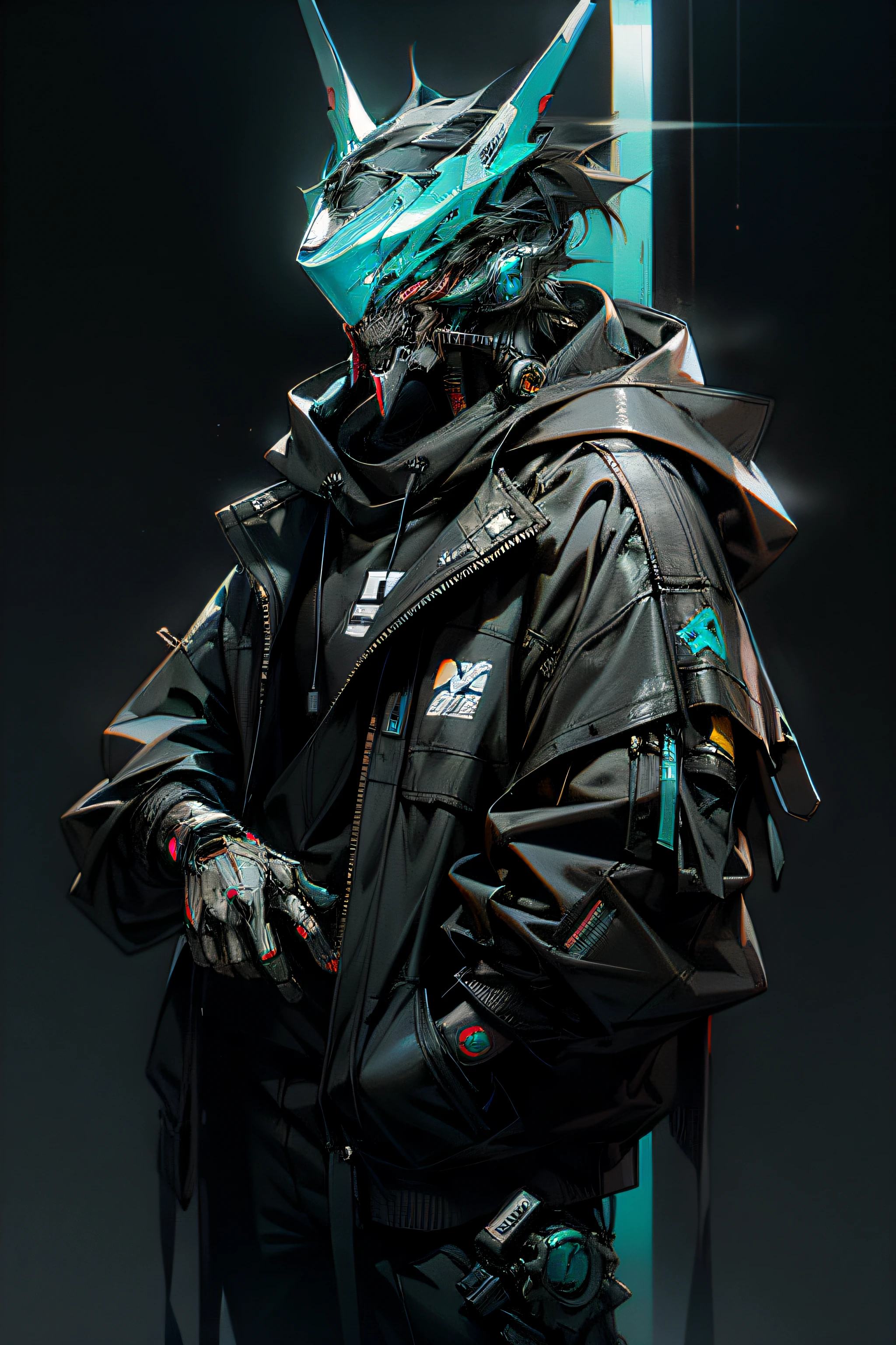 There was a boy wearing a mask and a black hoodie,With a knife in his hand, Hyper-realistic cyberpunk style,Digital cyberpunk anime style,cyan colors