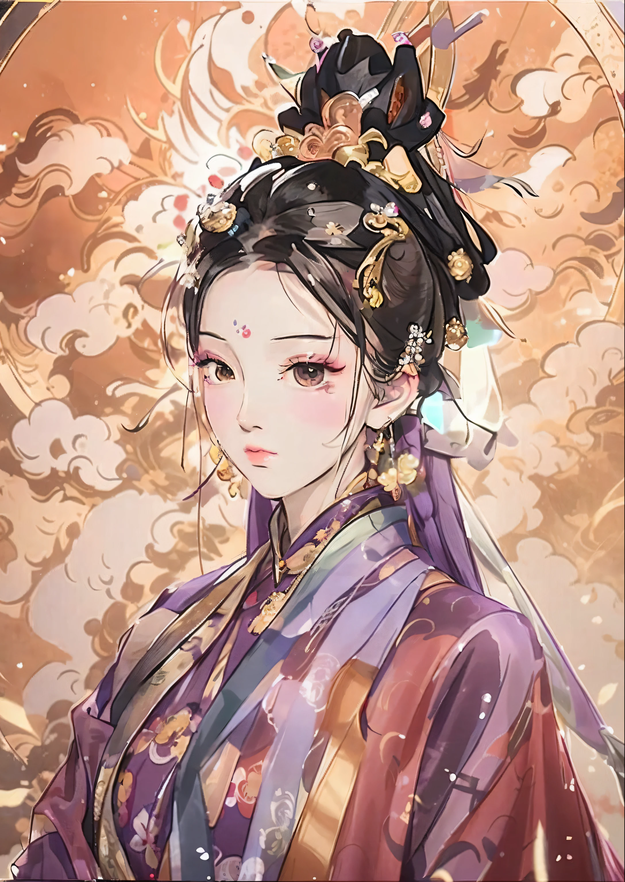 Close-up of a woman in a purple dress,With kanji, Palace , A girl in Hanfu, inspired by Ma Yuanyu, inspired by Li Mei-shu, inspired by Zhou Fang, Inspired by Zhao Yuan, Princesa chinesa antiga, inspired by Du Qiong, inspired by Yao Tingmei, inspired by Lü Ji, Inspired by Qiu Ying