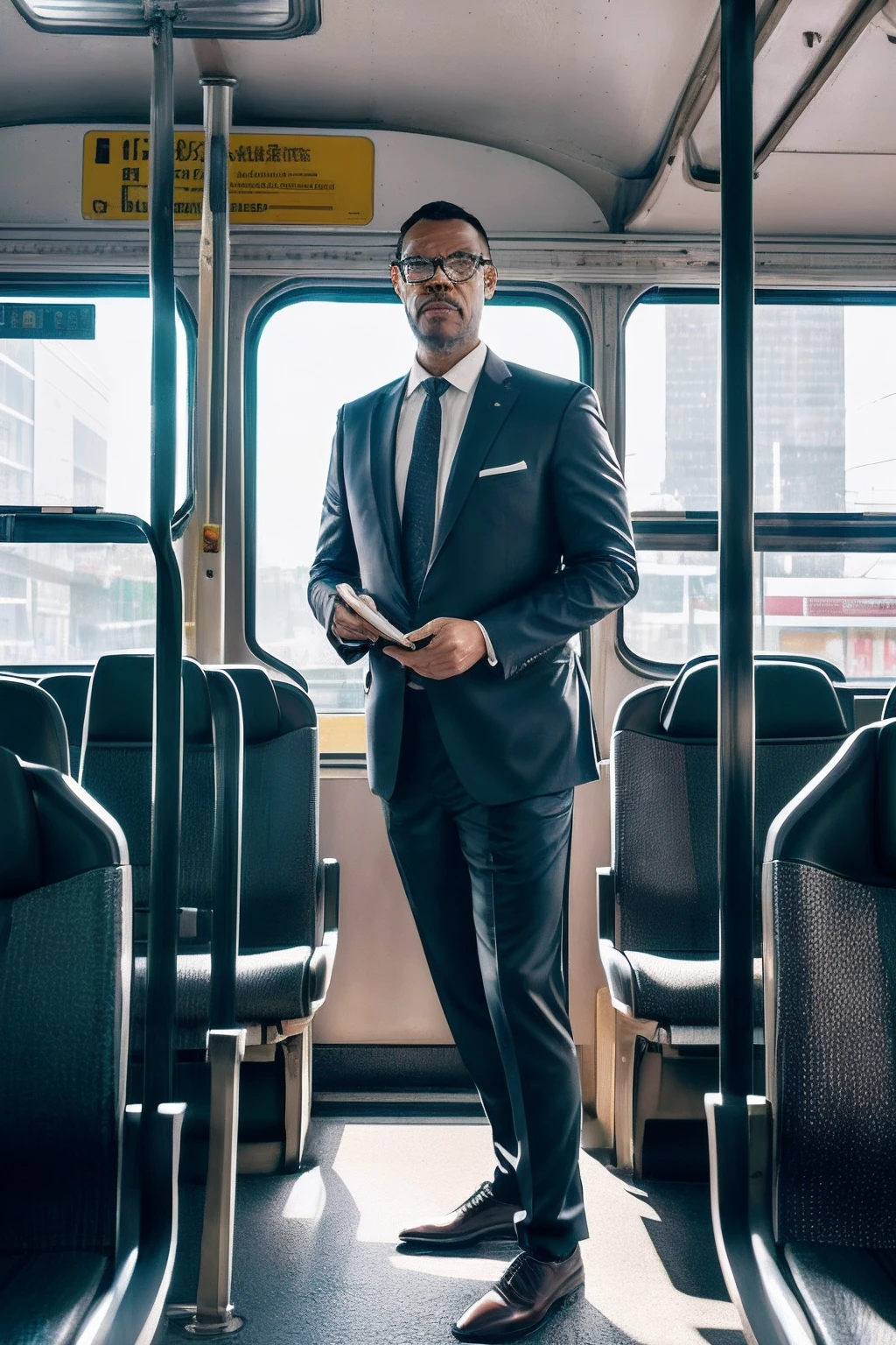 guttonerdvision14, Create an exceptionally detailed and hyper-realistic image of a man, wearing glasses, dressed in a formal dress shirt and tie. He stands amidst the bustling crowd of a morning bus commute, capturing the essence of the daily routine of a worker who relies on public transportation. Pay meticulous attention to the precise details of the man's attire and the surrounding commuters. Utilize Octane render for lifelike textures and lighting. The resolution should be an impressive 8K, ensuring extraordinary clarity and precision, effectively portraying the realities of urban commuting.