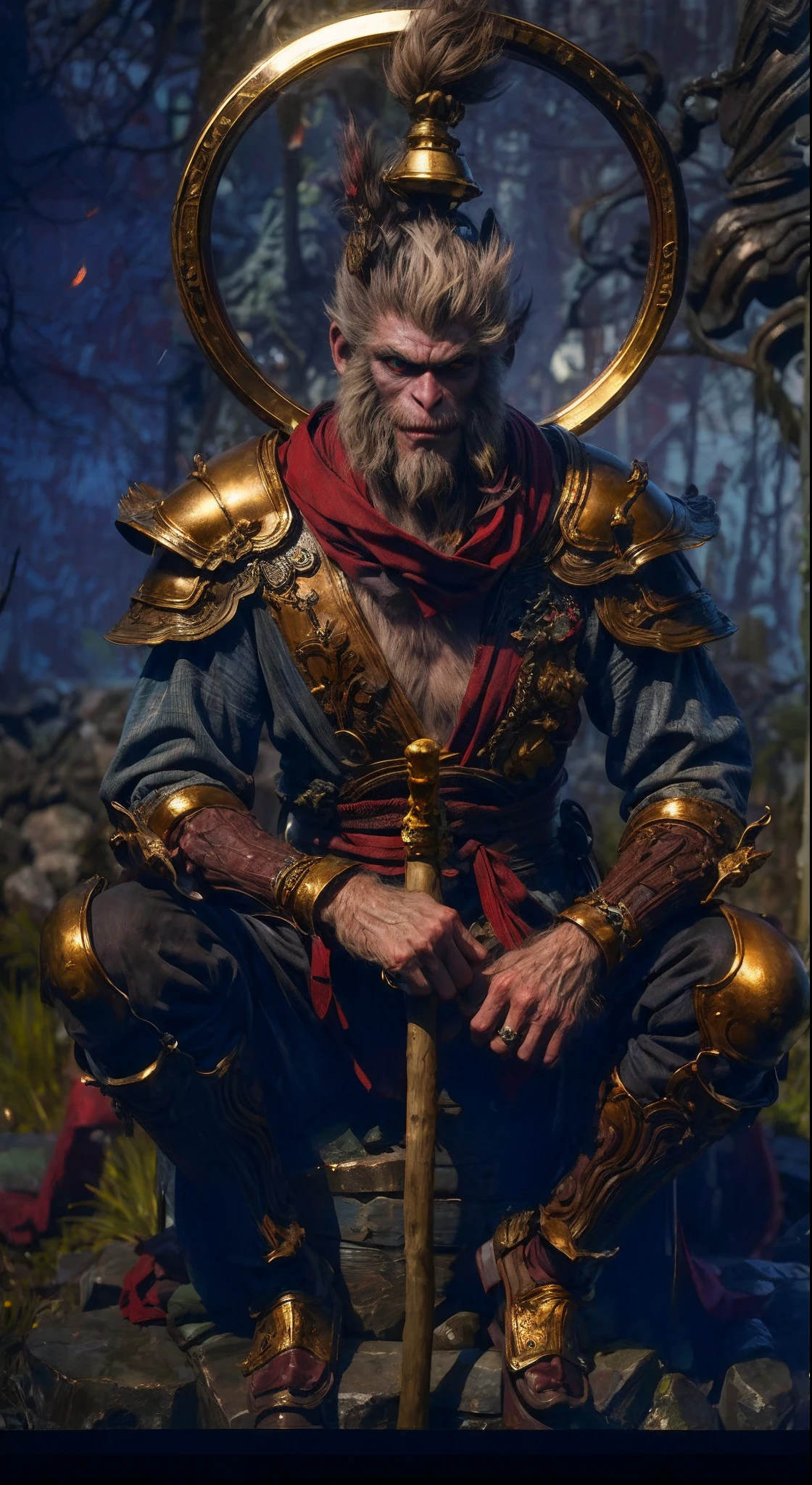 （irascible, irate，Qi Tian Great Sage，Monkey king，A high resolution, super-fine）, （Sharp-billed monkey gills）, Tour of the Dark West，pan（((Red glowing eyes))）looks into camera, evil look, Clear facial features, （Golden Hoop Curse）,On his shoulder hangs a long golden stick。, to grin, Monkey teeth exposed, Dressed in gorgeous armor, The red scarf sways in the wind，Monkey King's face, Shoulder armor youkai skeleton decoration, 火焰, Sit on Yokai Head Mountain, Kingly temperament, Full body photo, cinematic rim light, The light is delicate, tmasterpiece, ultra - detailed, Epic composition, Super HD, high qulity, HighestQuali, 32K, grin, poison fangs