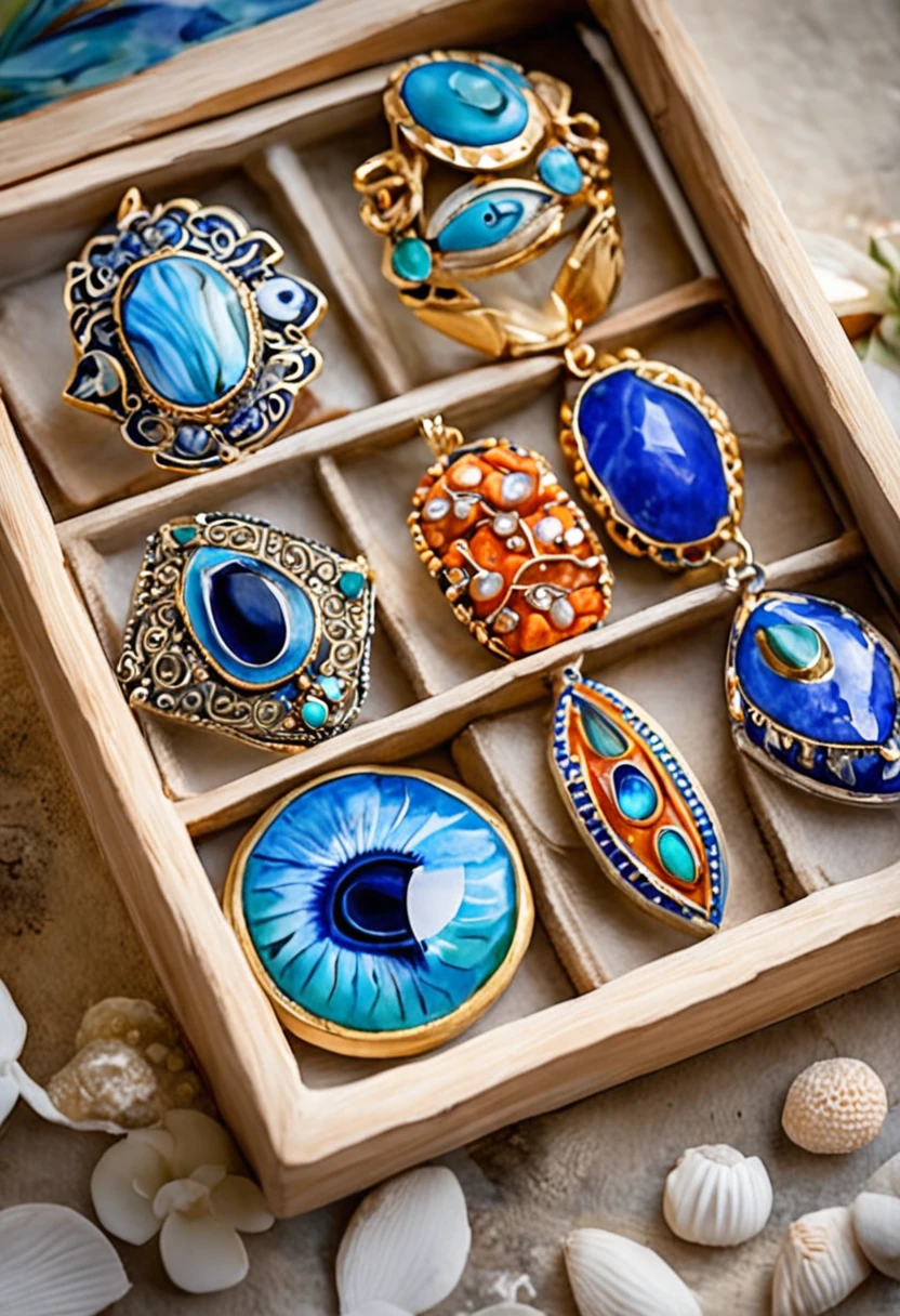 many pieces of evil eye jewelry in a beautiful box at the beach