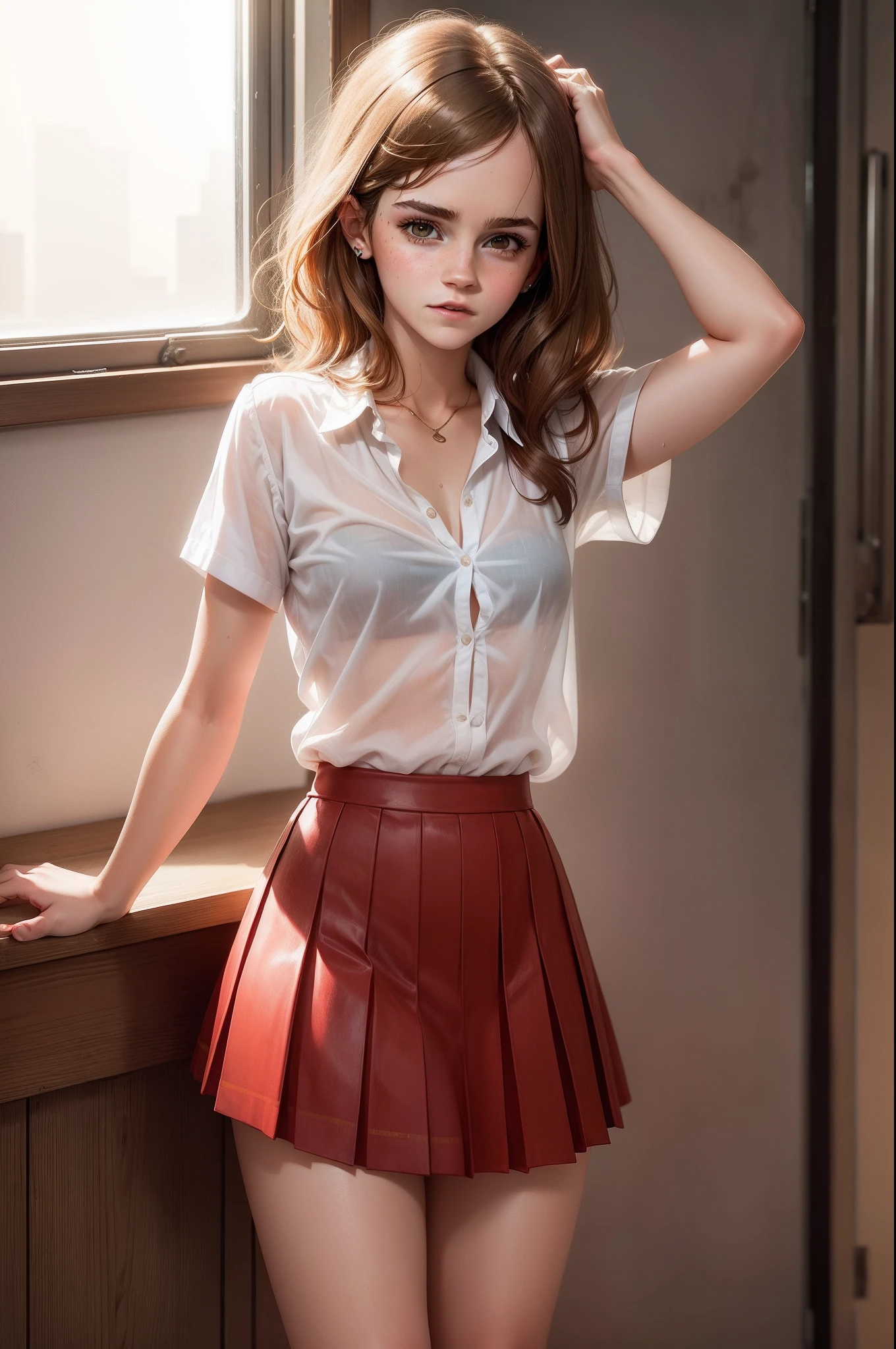 18 year old Emma Watson wearing a red pleated skirt and wet transparent unbuttoned school blouse