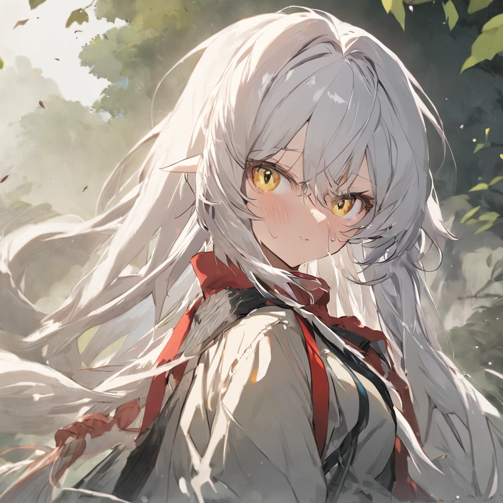 white  hair、White and yellow cloth、red eyes、Black long gloves、blue eyess、poneyTail、illustratio、Colorful、frombelow、hairarmpits、Highly detailed body、girl with、femele、A MILF、30-years old、Unusually long hair、spiked hair、Teardrop bangs、Hair pulled back、twin braids、side locks、White and black hair、Flowing hair、Antenna hair、美丽的面容、fox ear、Arms behind、 Delicate hand、huge tit、wetted skin、girl with1人、United States Army、Khaki clothes、Detailed fabrics、military outfits、ww2、Thick lashes、deadpan++、Unkempt hair、large hair、tousled++、stained clothes+、Reasonable design, Eyes of the Sky+++、ripped clothing、forested background、yuki、Winters、grey theme、landscapes、chromatic abberation