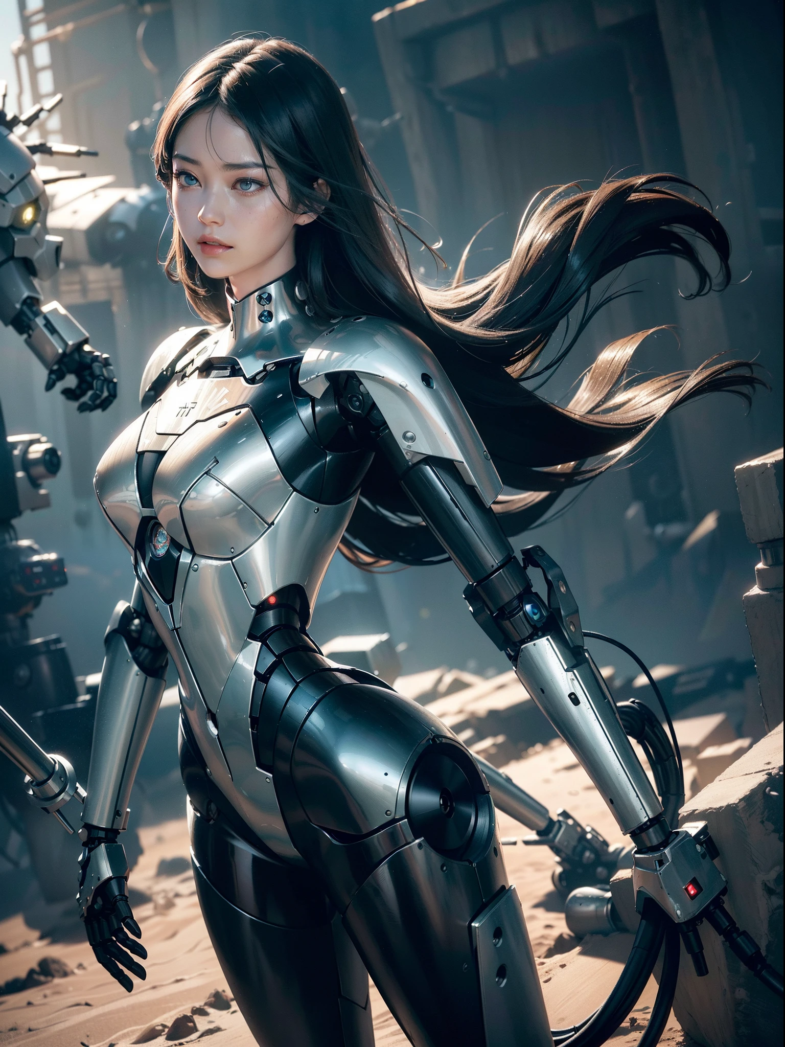 zhongfenghua, (RAW photo, best quality), (realistic, photo-realistic:1.3), extremely delicate and beautiful, Amazing, finely detail, masterpiece, ultra-detailed, highres,best illustration, best shadow,intricate,depth of field,(dramatic lighting:1.4),(from above:1.2),sharp focus, volumetric fog, 8k UHD, DSLR, high quality,( film grain:1.4), Fujifilm XT3,full body,A beautiful young woman wearing black trench coat, half human half robot face, ((1 robot,1 robot,Mechanical costalis,Mechanical spine))|Monotonous metallic color,Metal has no color, robot no color,robot girl,metallic mixture,cyborg girl)),looking at viewer, facing front, fighting stance
(Cable:1.2),(Transmission tube:1.2),(Machine eye:1.3),((Mechanical part connection)),((both arms)|(complex mechanical component:1.2~1.6)),((costalis)|(robot joints:1.2~1.6)), ,streamlinerai mecha,(lightsaber),earth,milky_way,starry,water,((armor)),water,wave