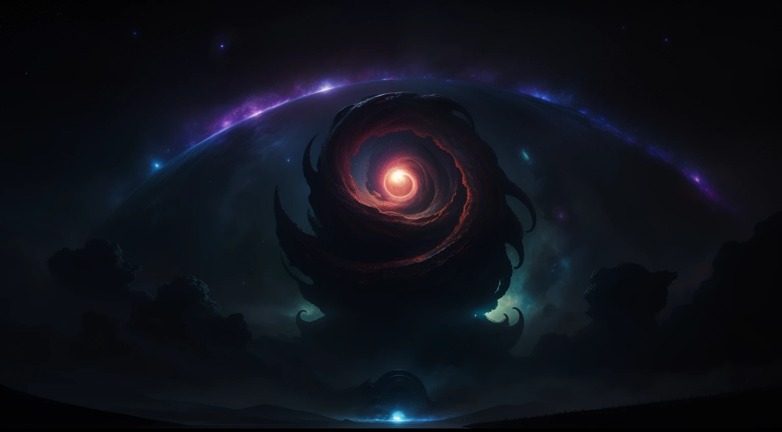 Works of masters,Cinematic style,8K分辨率,universe background,Cthulhu style,Nebulae shrouded,A huge body in the distance,black hole,Cosmic light,