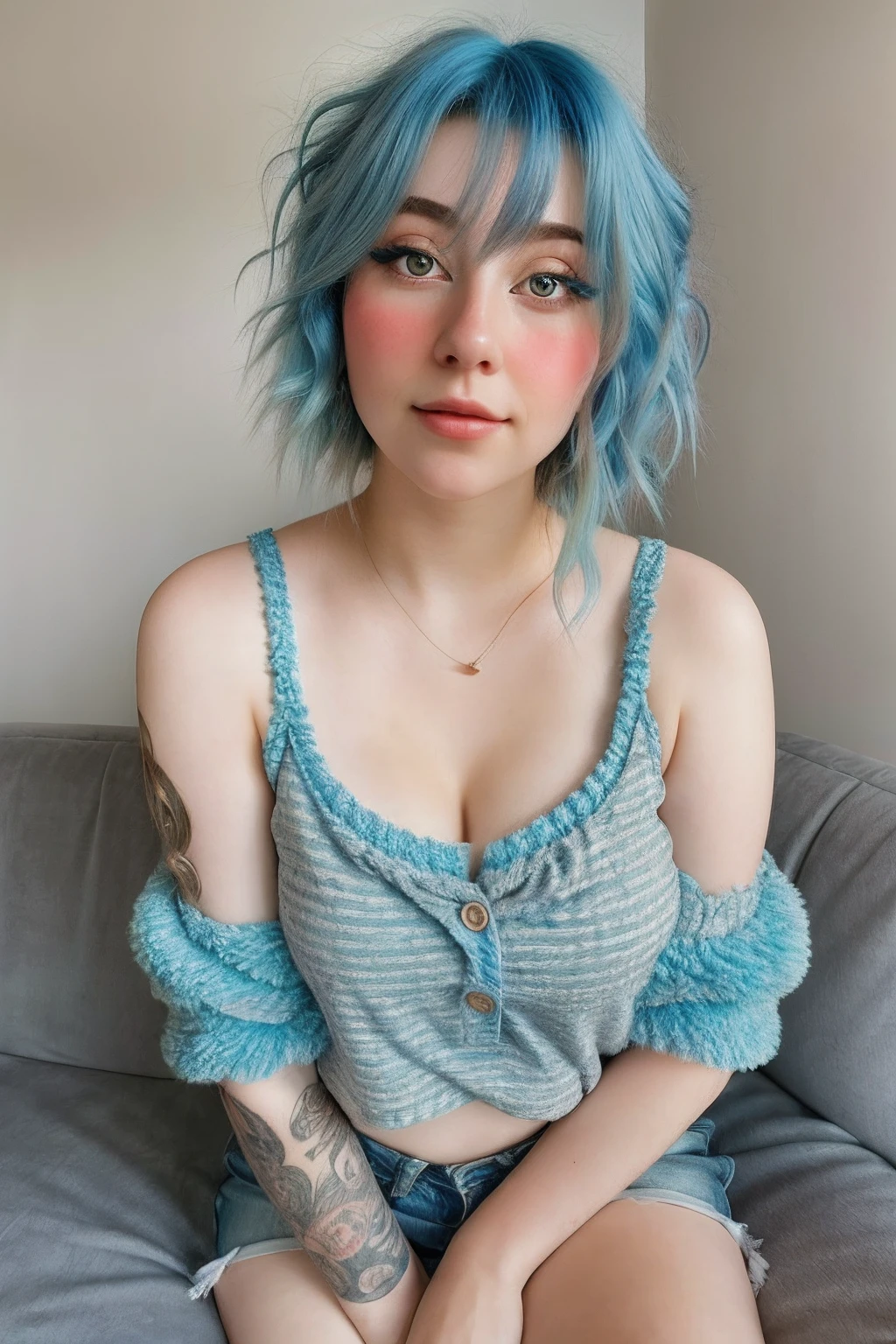 wearing cute fluffy short and mid drift top, portrait, beautiful face, blue hair, beautiful eyes, open eyes, hyper realistic, realistic texture, natural lighting, unreal engine, trend in artstation, cinestill 800, laying on couch watching tv