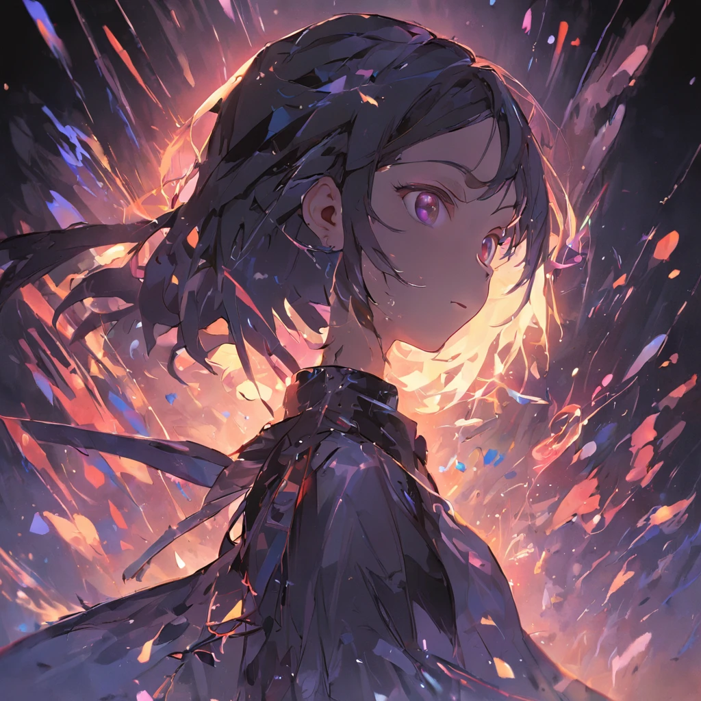 (tmasterpiece,best qualtiy,Hyper-detailing,Best Shadow),(detailedbackground,Dark Fantasy),(beautifull detailed face),highly contrast,(The best lighting,Very sophisticated、Beautiful fece),((cinematric light)),Colorful,Hyper-detailing,Dramaticlight,intricate-detail {Ikko,(1girll,独奏,whaite hair,Sharp face,Purple Eye,hair between eye,dynamic angle),blood splashing,Black lights swirling around the character,depth of fields,Black light particles,(Broken glass)、magic circles、Think left