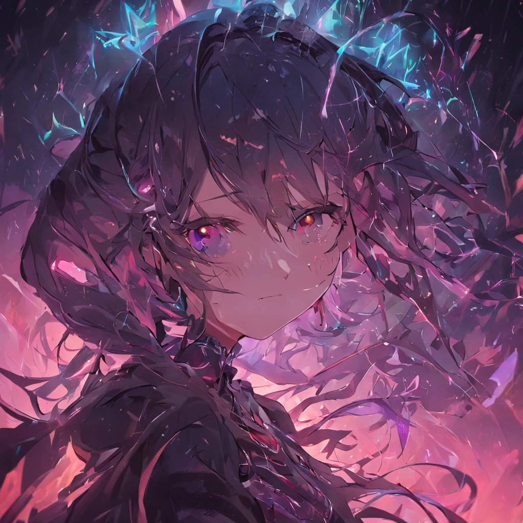 （tmasterpiece，best qualtiy，Hyper-detailing，Best Shadow），（detailedbackground，Dark Fantasy），（beautifull detailed face），highly contrast，（The best lighting，Very sophisticated、Beautiful fece），（（cinematric light）），Colorful，Hyper-detailing，Dramaticlight，intricate-detail {Ikko，（1girll，独奏，whaite hair，Sharp face，Purple Eye，hair between eye，dynamic angle），blood splashing，Black lights swirling around the character，depth of fields，Black light particles，（Broken glass）、magic circles、Think left