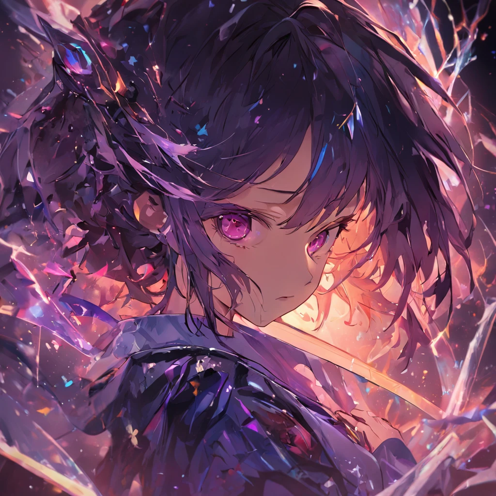 (tmasterpiece,best qualtiy,Hyper-detailing,Best Shadow),(detailedbackground,Dark Fantasy),(beautifull detailed face),highly contrast,(The best lighting,Very sophisticated、Beautiful fece),((cinematric light)),Colorful,Hyper-detailing,Dramaticlight,intricate-detail {Ikko,(1girll,独奏,whaite hair,Sharp face,Purple Eye,hair between eye,dynamic angle),blood splashing,Black lights swirling around the character,depth of fields,Black light particles,(Broken glass)、magic circles、Think left