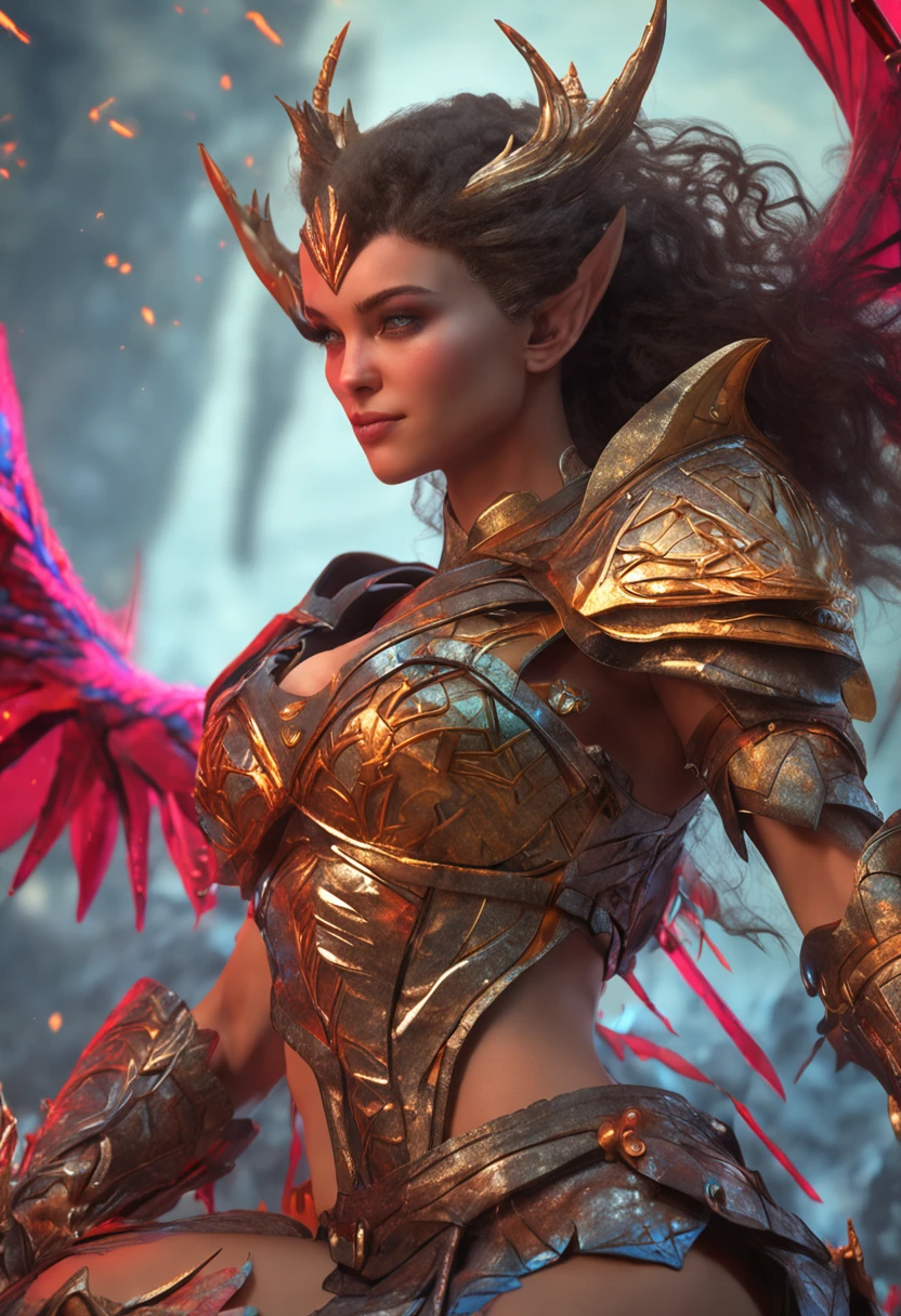Kohler Kardashian, Wearing a super girl costume, A heroine, Full-body adolescent female Greek gods wear intricate armor,Control a fierce fire dragon, holding arrow, Glowing skin, Detailed cuirass, Wild flowing hair, bigbreasts, Art germ, Ultra-detailed intricate artistic trends in ArtStation ternary colors, intricately details, 4K 分辨率