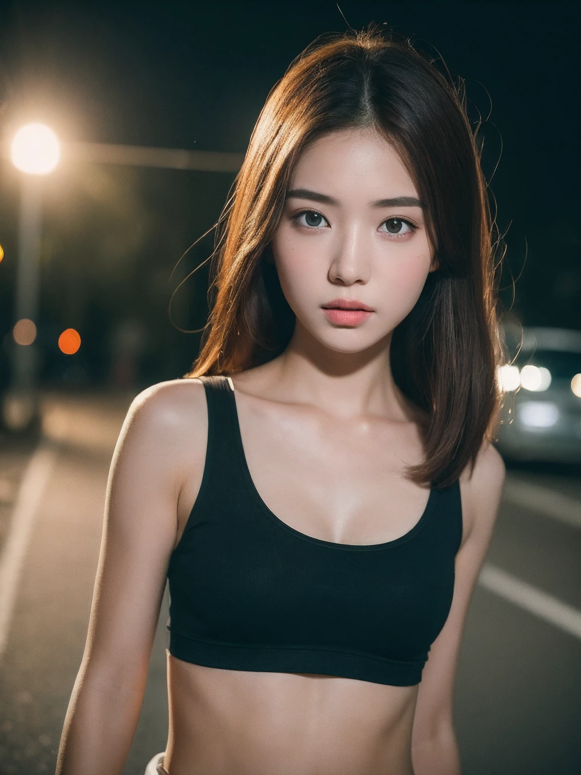 ((Realistic lighting, Best Quality, 8K, Masterpiece:1.3)), Clear focus: 1.2, 1girl, Perfect Body Beauty: 1.4, Slim Abs: 1.1, ((Dark brown hair)), (White crop top: 1.4), (Outdoor, Night: 1.1), Hot pants, shorts, tight,, Bust, Bust, City Street, Super Fine Face, Fine Eyes, Double Eyelids,