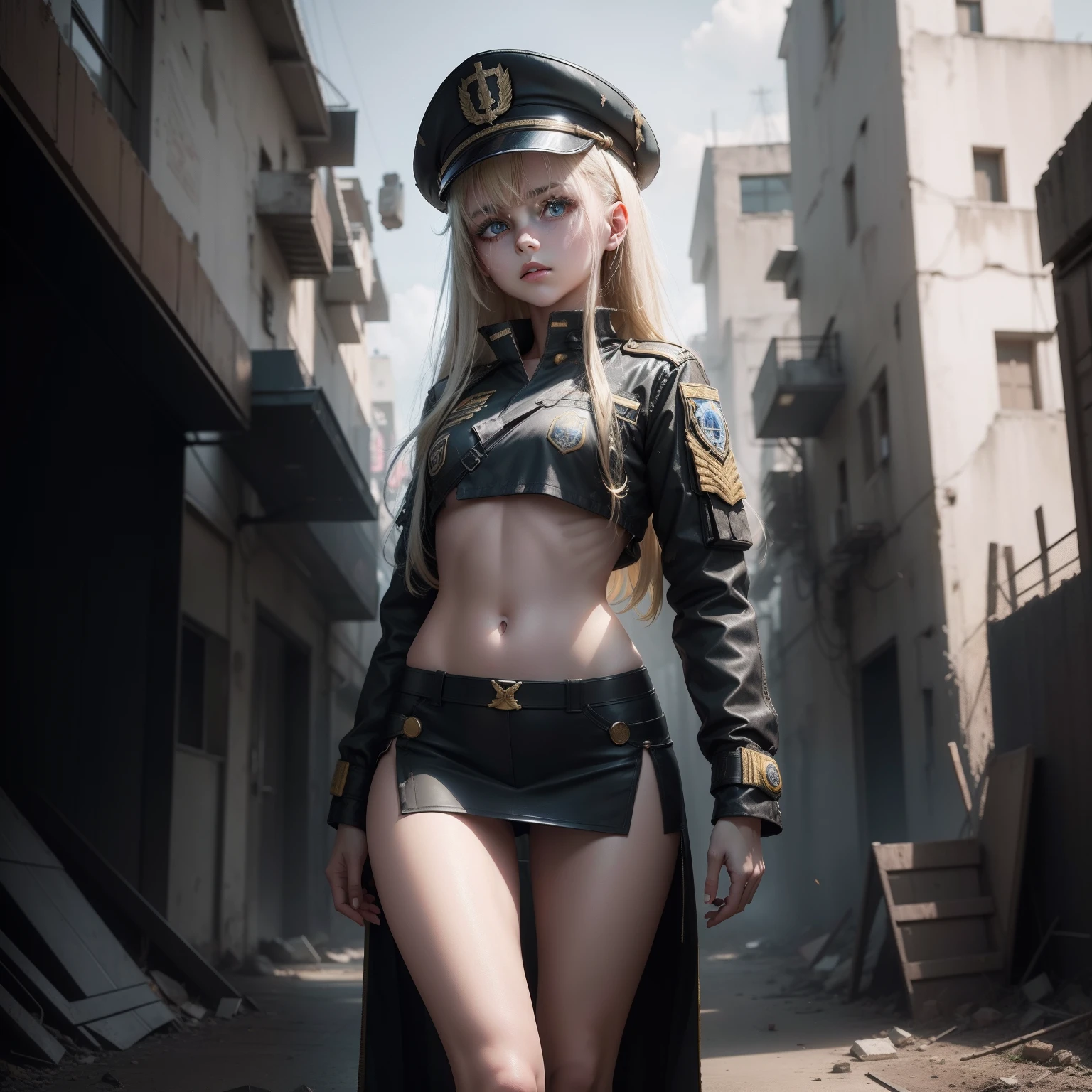 ukrainian girl , Ukrainian anime girls , , Ukraine , Full body composition of young girl with messy bright blonde hair, eye make up, 13 year old, Soft lighting, Solo, Old torn dirty shabby futuristic military uniform, badges, Pose, Blotch color, Octane Render, Hyperrealistic intricate detail, Cinematic, 8K resolution, 70mm, Accent Lighting, Global Illumination, Full body portrait, clean detailed faces, intricate clothing, Cute face, flat chest, Slim waist, Slim legs, small hips,Wearing a military hat,