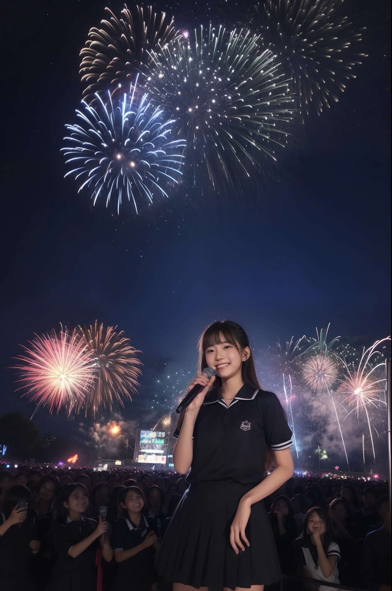 A smile、hi-school girl、校服、shortsleeves、While doing fireworks、starrysky、Aurora、Tiere、While holding the microphone