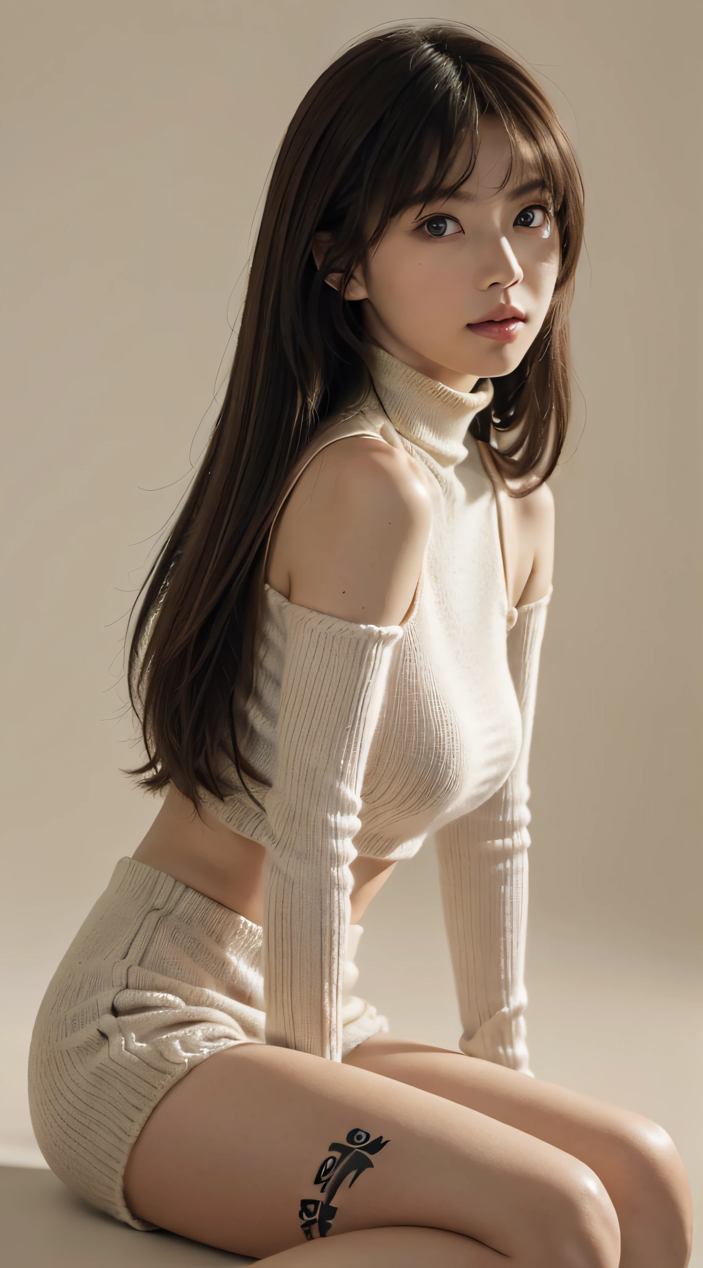 top-quality, Drawn details, (Put your face in, On the waist), masterpiece, 超A high resolution, (Realistic:1.4), Raw photo, (fair and clean skin, Fine-grained skin, Skin as young as ), (Glossy atmosphere), (Smaller head), (a small face, with light round face), (Beautiful fece), (Beautiful expression), (big eye:1.3),(Looking at me with a smile:0.7), (Strong affection), cute little, (Long Brown hair, straight haired, Soft hair quality:1.7), (1人の女性, 独奏), (firm breasts, Huge breasts:1.5), (A slender:1.3), (thin waist, Thin arms, Thin leg, thin neck, thin shoulders:1.5), (sloped shoulder), (Beige, turtle neck, knit:1.6), (a choker, A black) BREAK (greys, Simple gradient background with depth:1.5), (softlighting:1.5), (not hide the dantian, crotch tattoo:1.5),(face-to-face recumbent coital position:1.5),