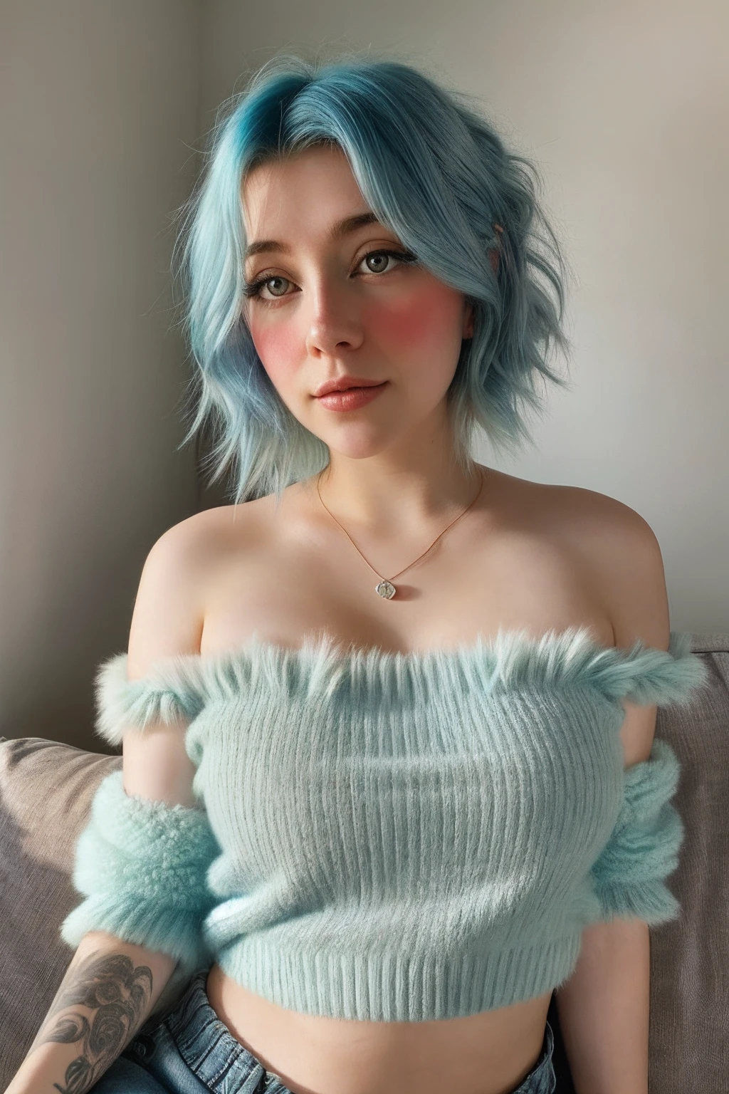 wearing cute fluffy short and mid drift top, portrait, beautiful face, blue hair, beautiful eyes, open eyes, hyper realistic, realistic texture, natural lighting, unreal engine, trend in artstation, cinestill 800, laying on couch watching tv