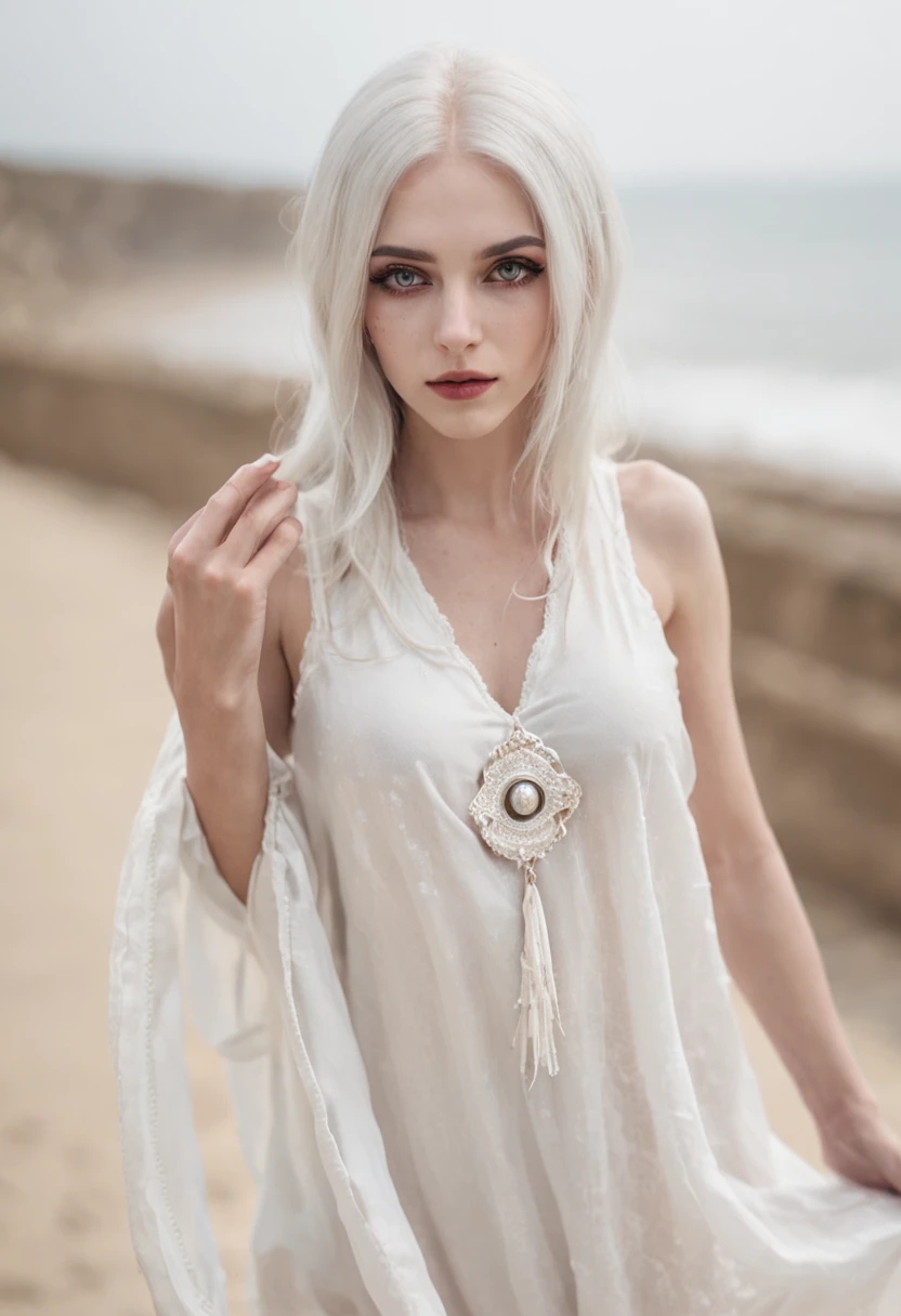 a very beautiful skinny girl wearing a short dress with white flowing hair wearing many evil eye jewelry at the beach
