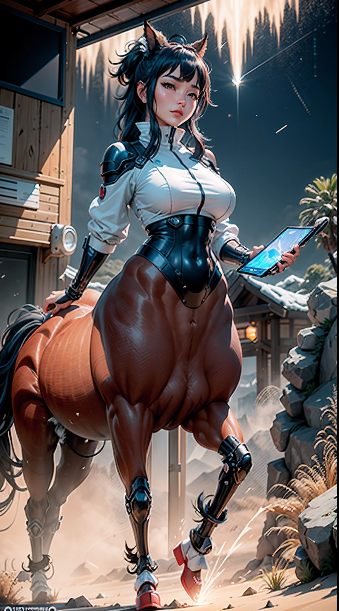 In a very grand scene,The extra-large wide-angle lens captures the appearance of a female centaur。She is tall,It has the ultimate curvy beauty,The muscles are slender and firm,Beautiful lines。Her facial features are tough and coquettish,Always with a sunny smile。She wears special tight-fitting equipment with a strong sense of technology,Step on multifunctional off-road style heels,Delicate and practical protective gear is worn on the hands, feet, wrists, neck and shoulders。The detection equipment around you flashes various cue lights and neon-like information screens,Let her exude a charming brilliance。Use Midjourney's advanced tools,Design special tight-fitting equipment for female centaurs,Highlight her unique physiological characteristics and appearance details,Add realism。And in her adventure scene,Spectacular views of nature,Such as the sky where storms and sunny days alternate、Brilliant rivers of stars and auroras、The snow-capped summit of Mount Everest、Fireworks in the mountain town, etc。ao mesmo tempo,Away from the hustle and bustle of Long Beach Pier is a neon-lit spaceship docked,Create a fantastic scene。Use Midjourney's advanced tools and multiple color palettes、Brush Strokes、Texture tools and model packages,It shows a sense of atmosphere where beauty and charm coexist。The charm of the female centaur is highlighted through color and lines,Enhance realism with detailing,Create a surreal dreamy feeling。Additionally,Use Midjourney's tools to add a variety of extreme sports gear and cultural trinkets to the female centaur,Create intricate hairstyles and outfits,Give her a sense of premium。She never flinches,Regardless of the terrain,can respond quickly,Even the extreme geography and dangerous terrain of aliens cannot stop her。Use Midjourney's powerful tools,You can do it with incredible detail and beauty,Bring this ultra-grand and beautiful scene to life。Ultra-grand scenes,super wide shot, hdr,(真实感,Masterpiece quality,best qualtiy),