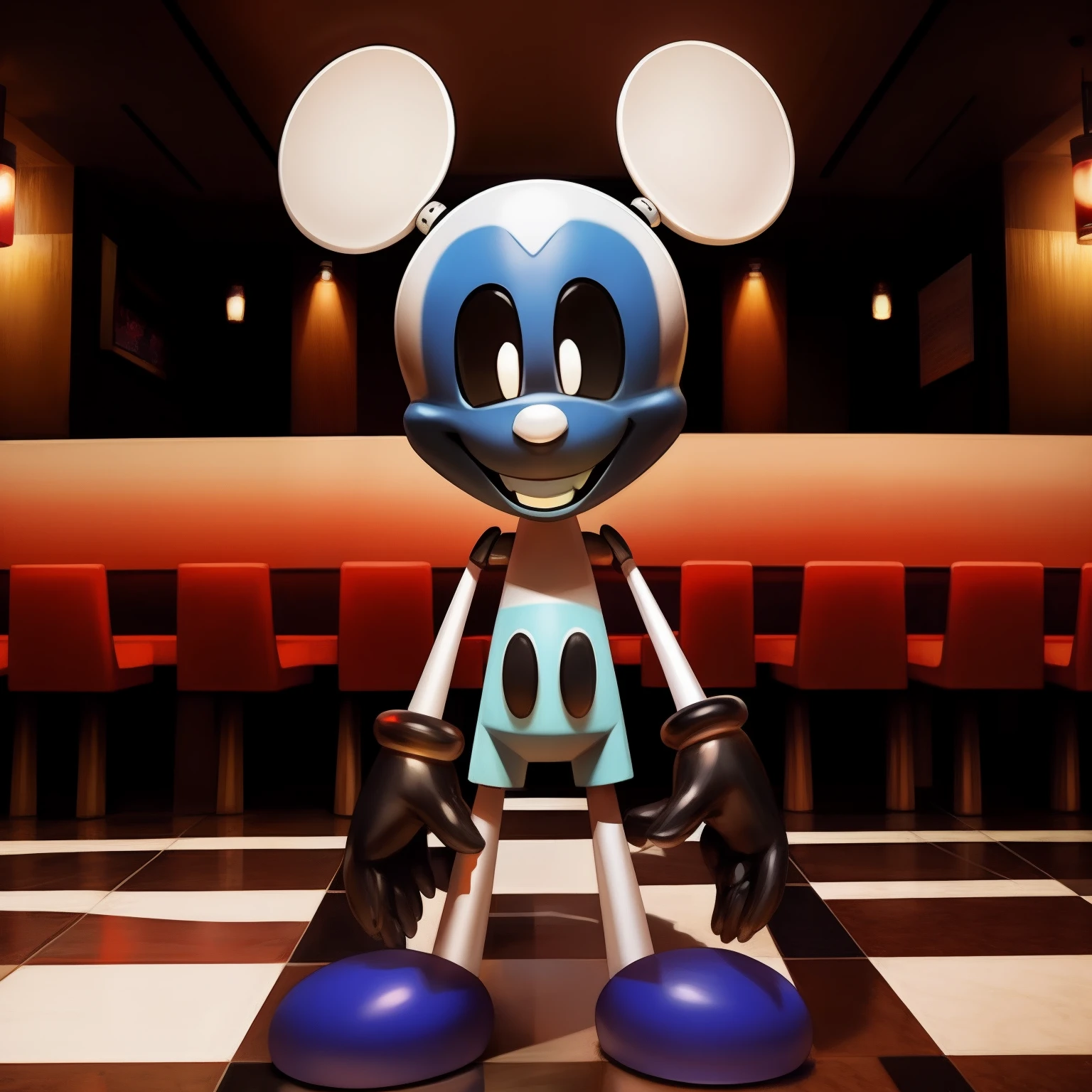 Mickey Mouse, black gloves, cyan tongue, black eyes with white pupils, open smile, staring at the viewer, animatronic robot, in a restaurant