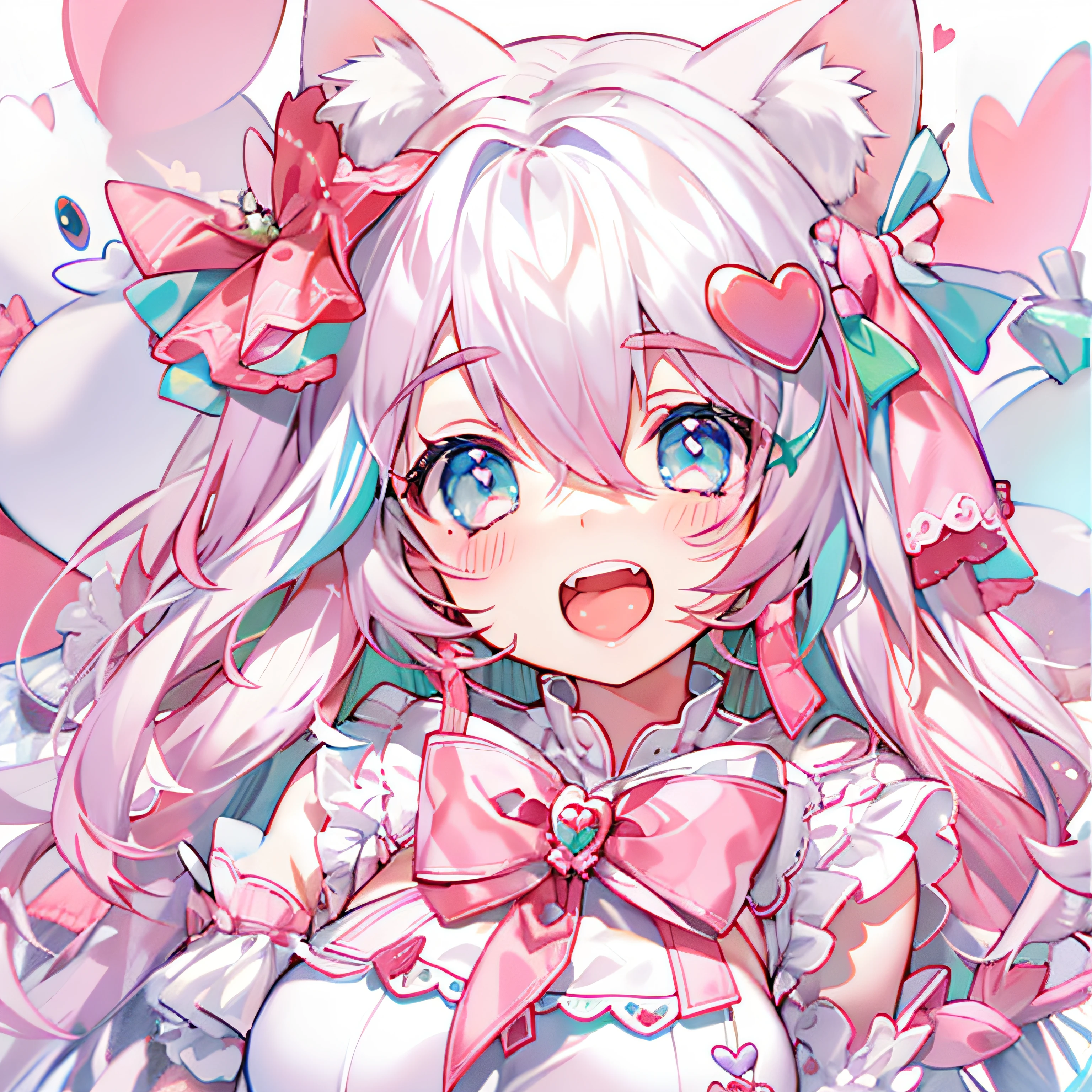 masterpiece,best quality,official art, 1girl, solo, ****, head tilt, absurdly long hair , hair bow, cat hair ornament, light blush, heart in eye, looking at viewer, stare, aqua eyes, light, open mouth, teeth, laugh