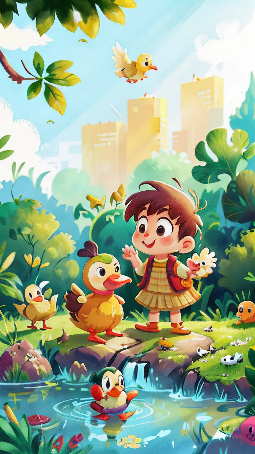 a duck, happy, outdoor, playing with sad duck