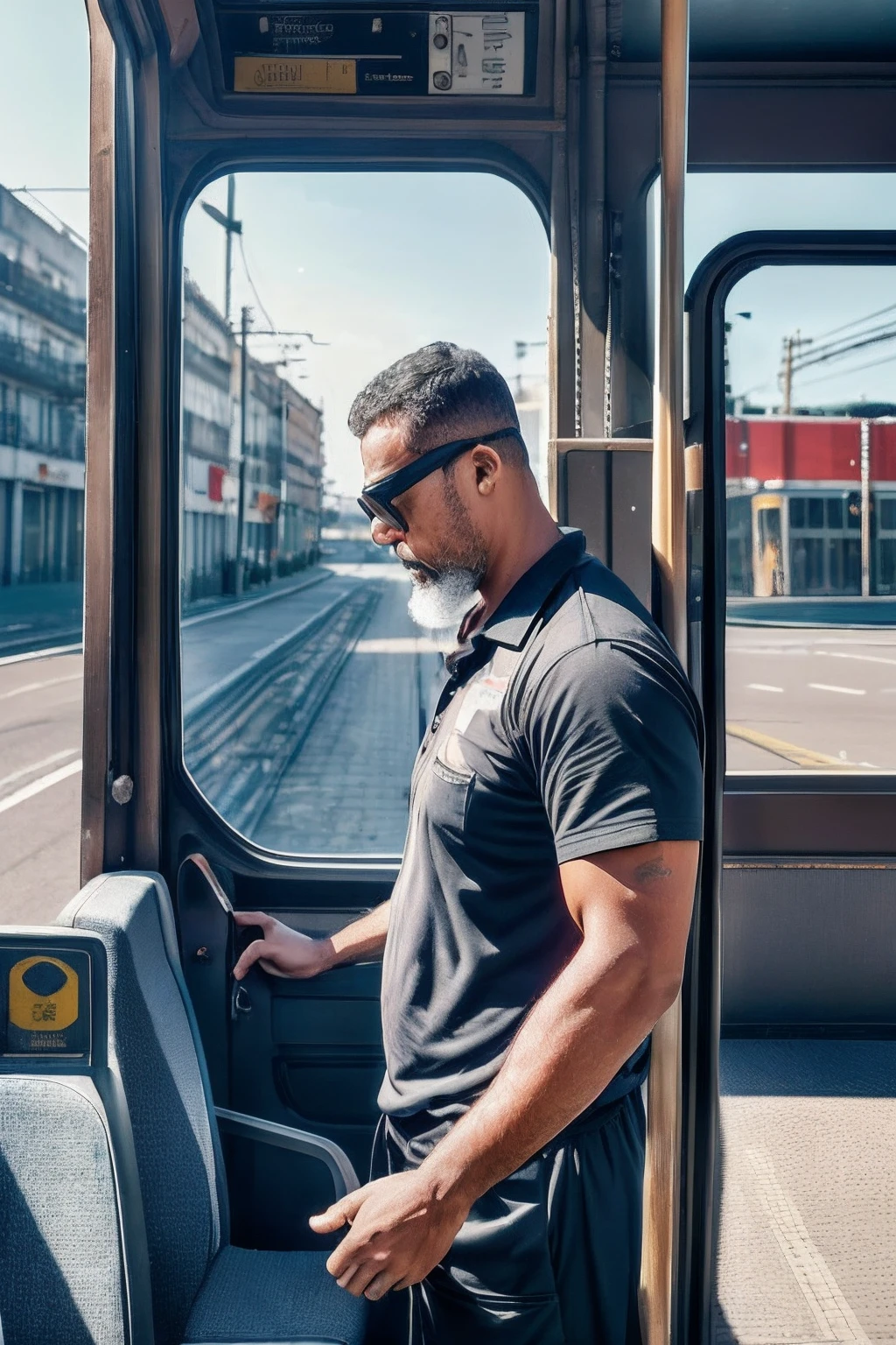 guttonerdvision14, Crie uma imagem excepcionalmente detalhada e hiper-realista de um homem, wearing goggles, vestido com uma camisa social formal e gravata. He's standing in the middle of the bustling crowd of a morning bus ride, capturing the essence of the daily life of a worker who depends on public transport. Pay meticulous attention to the precise details of the man's costume and the ((passageiros ao redor)). Use Octane rendering for realistic textures and lighting. The resolution should be an impressive 8K, ensuring extraordinary clarity and precision, retratando efetivamente as realidades dos deslocamentos urbanos.