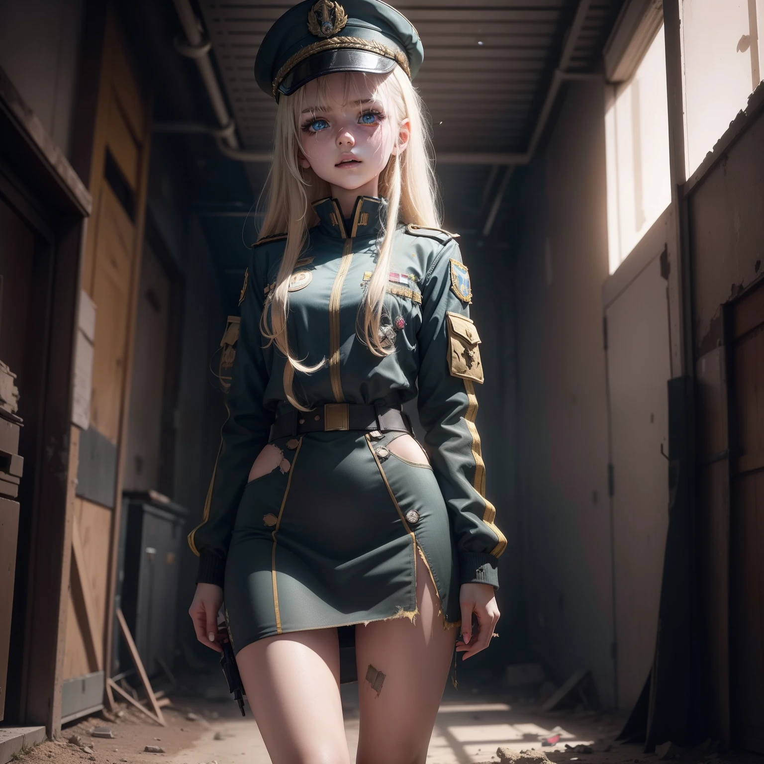 ukrainian girl , Ukrainian anime girls , , Ukraine ,  Full body composition of young girl with messy bright blonde hair, eye make up, ***********,  Soft lighting, Solo, Old torn dirty shabby futuristic military uniform, badges, Pose, Blotch color, Octane Render, Hyperrealistic intricate detail, Cinematic, 8K resolution, 70mm, Accent Lighting, Global Illumination, Full body portrait, clean detailed faces, intricate clothing, Cute face, flat chest, Slim waist, Slim legs, small hips,Wearing a military hat,