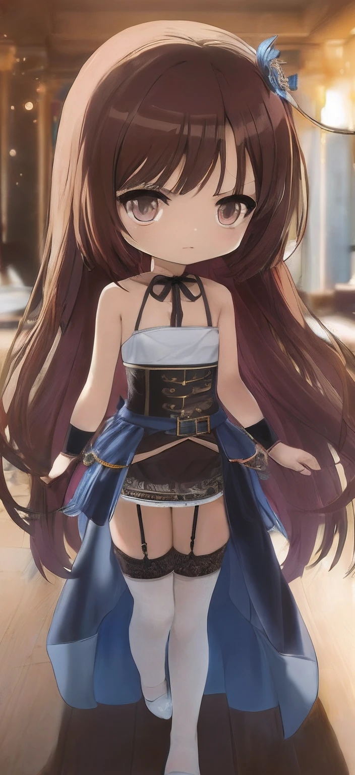 (Chibi:1.4),Looking at the camera, Vibrant colors, Chibi Girl, masutepiece, Sharp Focus, Best Quality, (Light on the Face:1.4)、depth of fields, Cinematic lighting, detailed costume, Detailed eyes、Perfect eyes, Plenty of detail and texture, Brown hair, (dark brown eyes:1.2), (Blue One Piece 1.4),Sleeveless dress,((Exposed Cartesian)),((Exposed neck)), Bare neck,Bare shoulder,Arms Exposed,Bare arms,cleavage,Indoors, ((Small chest)), Long hair, ((Standing)), thighs thighs thighs thighs, light Particle, Luxury bed, ((tiny chest)), ((tiny chest)), (((Black garter belt))), (Black garter stockings:1.4), pale pink lip,blue high heels