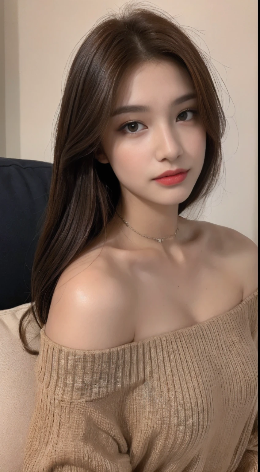 A close up of a woman sitting on a couch with a red lipstick - SeaArt AI