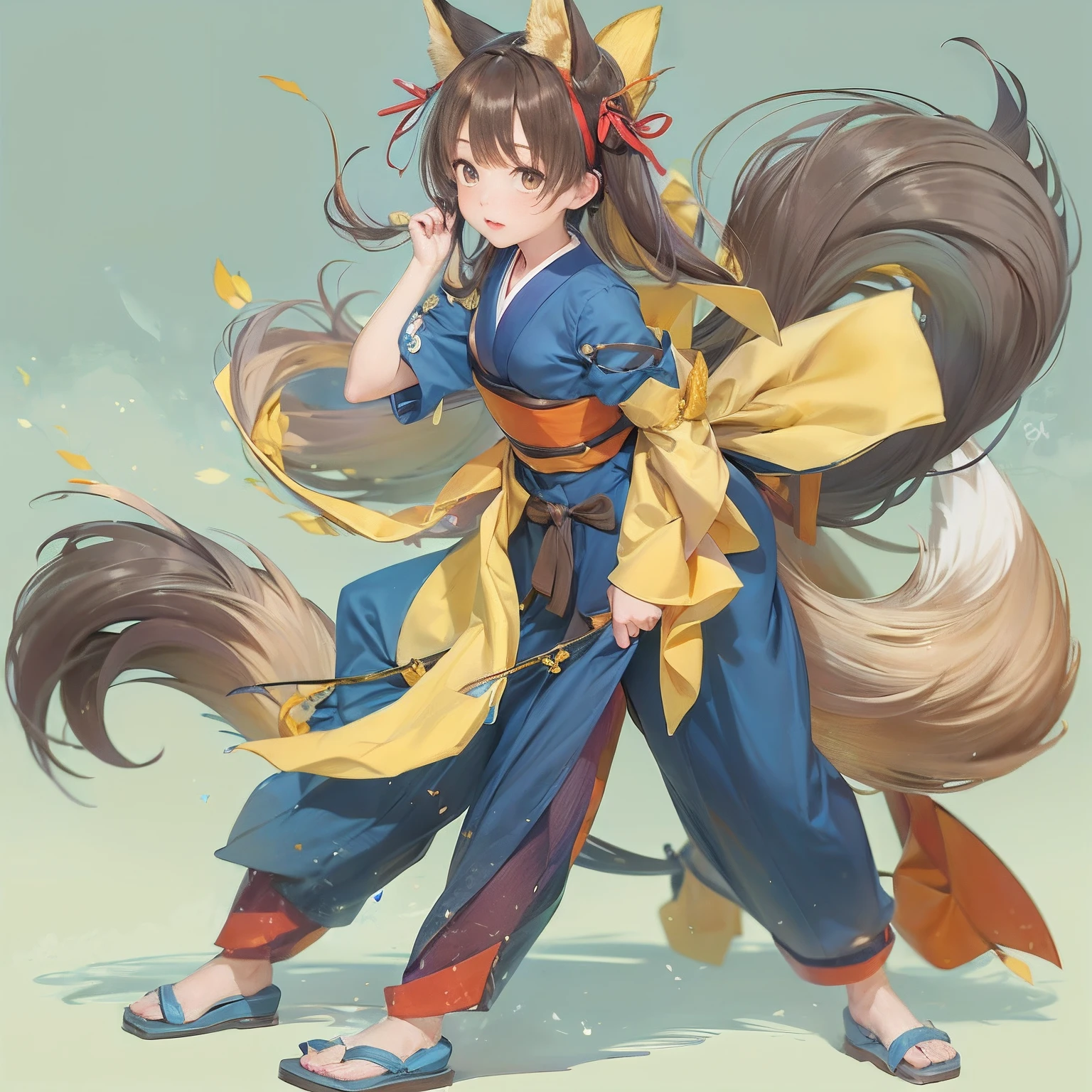 Anime girl wearing blue hakama and yellow apron,17 years old,A blue kimono belt around her waist and a big yellow dog tail on her tail,yellow fox ears,very long dark brown ponytail,thin red ribbon in hair