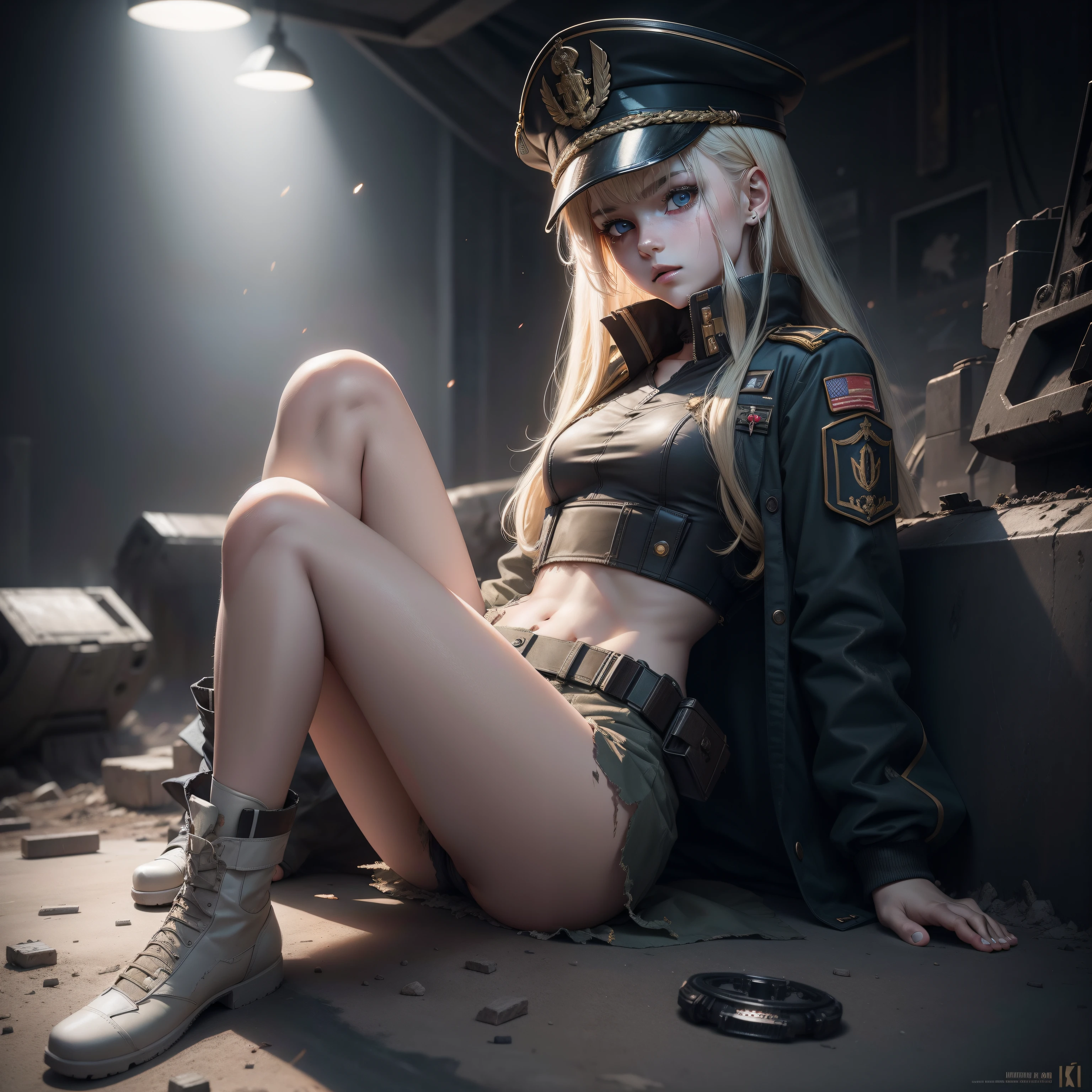 ukrainian girl , Ukrainian anime girls , , Ukraine ,  Full body composition of young girl with messy bright blonde hair, eye make up, ,  Soft lighting, Solo, Old torn dirty shabby futuristic military uniform, badges, Pose, Blotch color, Octane Render, Hyperrealistic intricate detail, Cinematic, 8K resolution, 70mm, Accent Lighting, Global Illumination, Full body portrait, clean detailed faces, intricate clothing, Cute face, flat chest, Slim waist, Slim legs, small hips,Wearing a military hat,