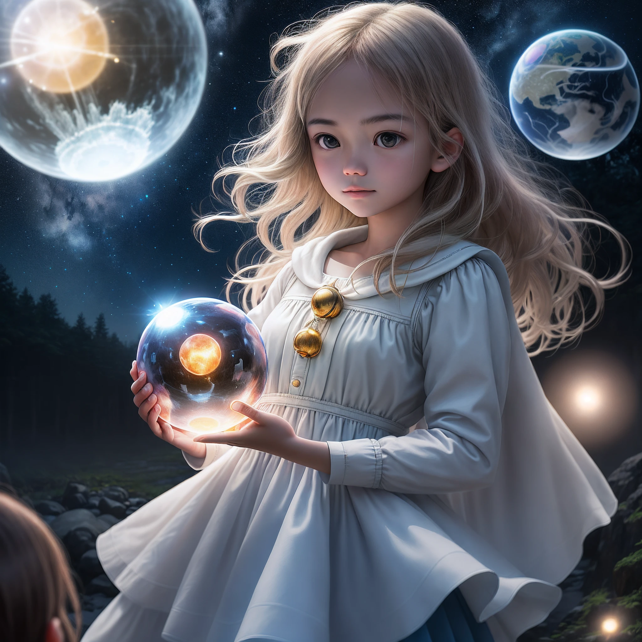 Realistic photo of a human girl standing with a ball of light, A girl holding a sphere, holding a glowing sphere, Glowing ball of light, glowing sphere, glowing sphere, Magical light, Shine with magic, Soft light outdoors, Ball of light for the eye, Soft moonlight, A mystical environment, Girl's flashlight, Magic light, magic lighting, Filipino lighting realistic photography