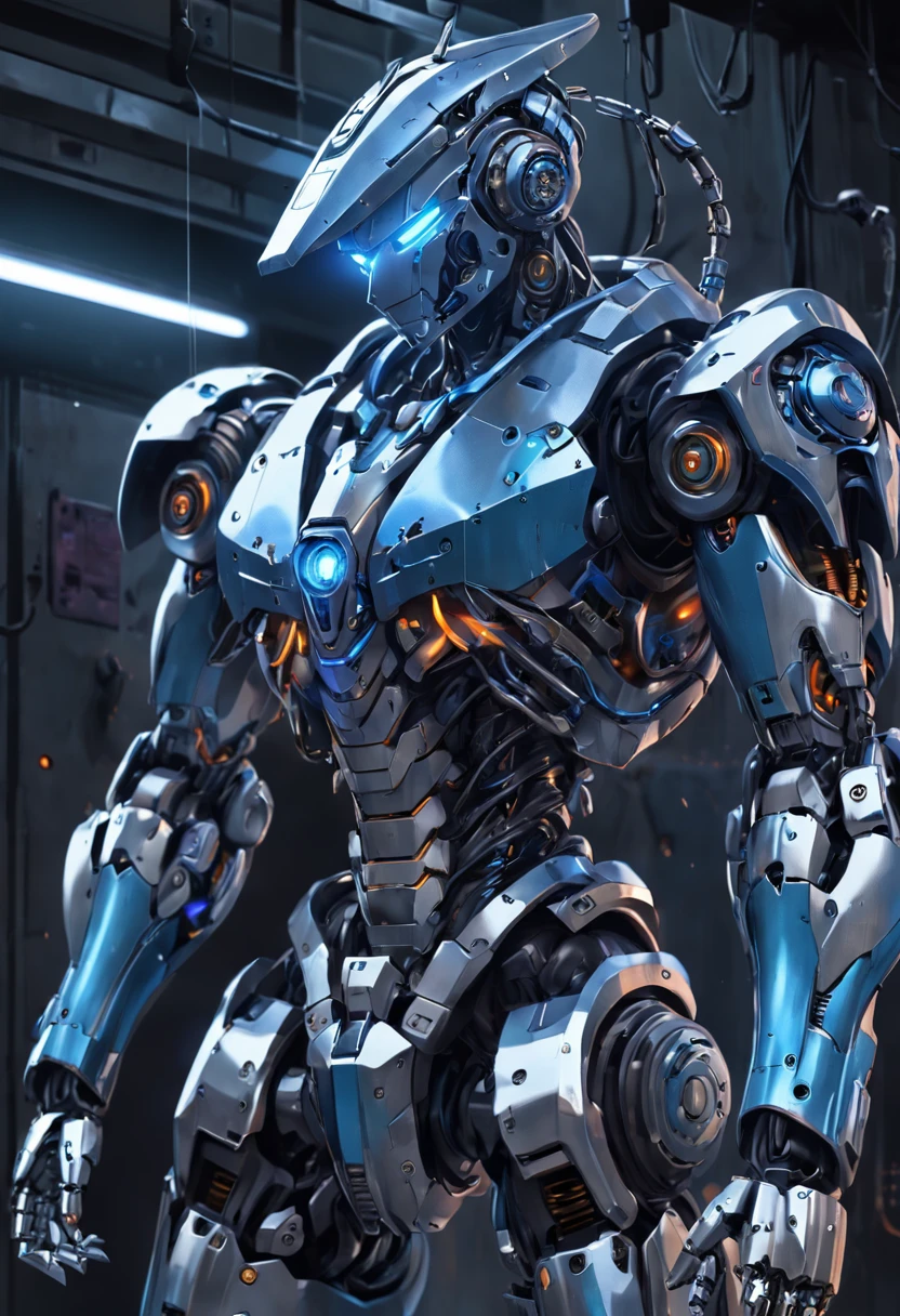 (Masterpiece, Best quality), Intricate details, Photo, Realistic, illusory engine, Grey chrome and blue chrome
Mecha, humanoid robots, robot, robotjoints, Joints, helmet, Armor, Robot man, New, Cyberpunk Warehouse, Computer terminal, Arc electricity, sp3ct4, Dark atmosphere,